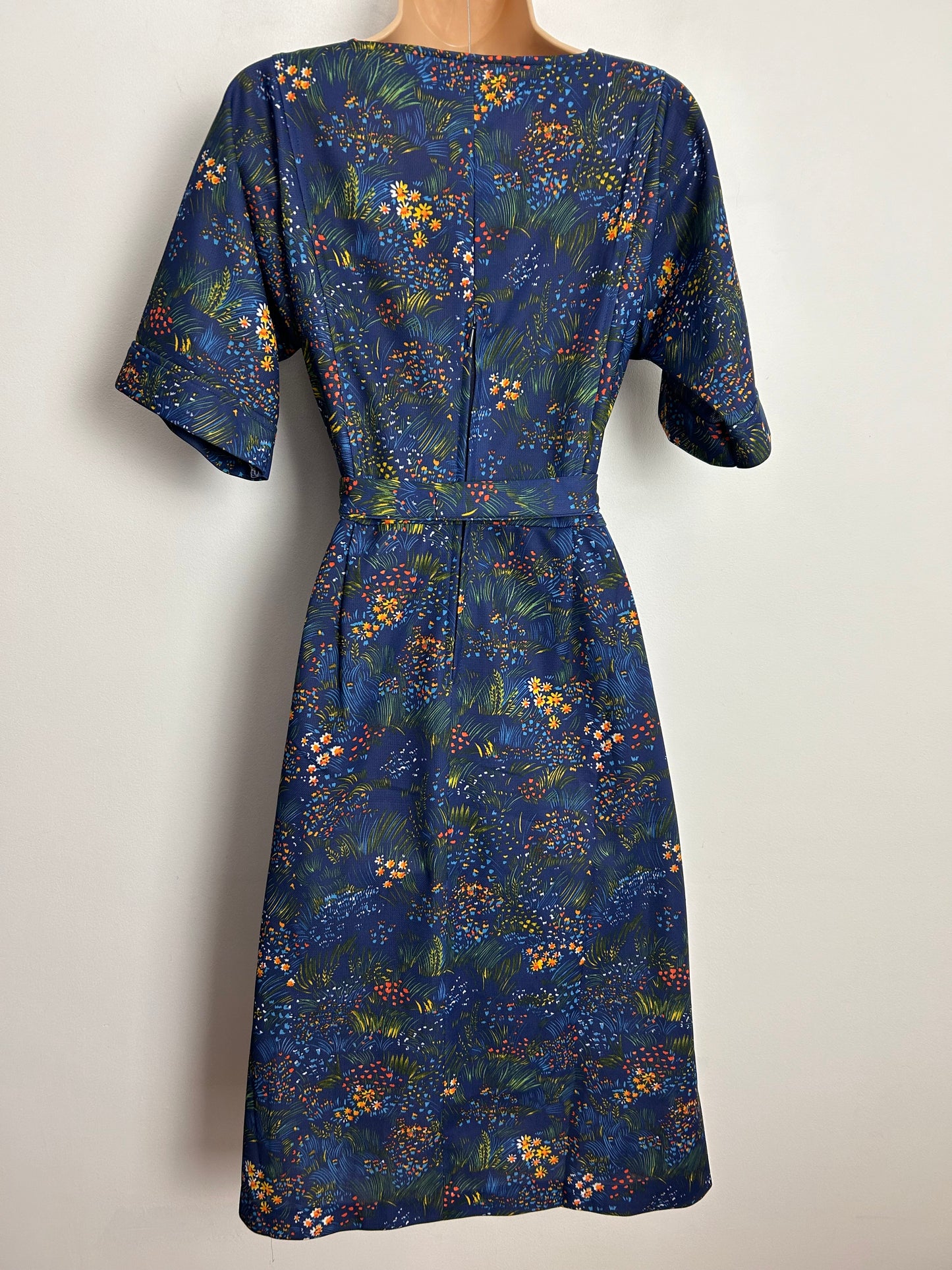 Vintage 1970s UK Size 8 Navy Blue & Orange Floral Print Short Sleeve Belted Day Dress