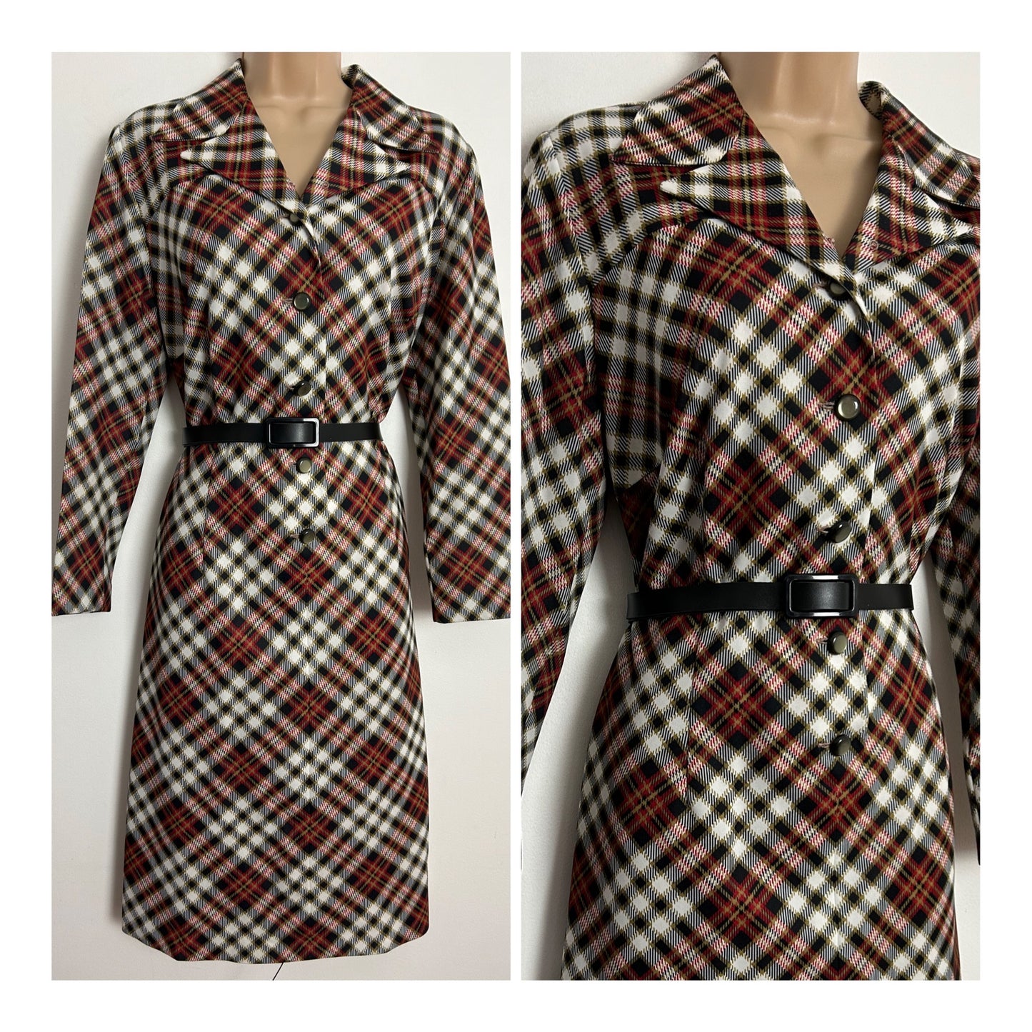 Vintage 1970s UK Size 14 Black White & Red Tartan Check Print Long Sleeve Belted Mod Day Dress