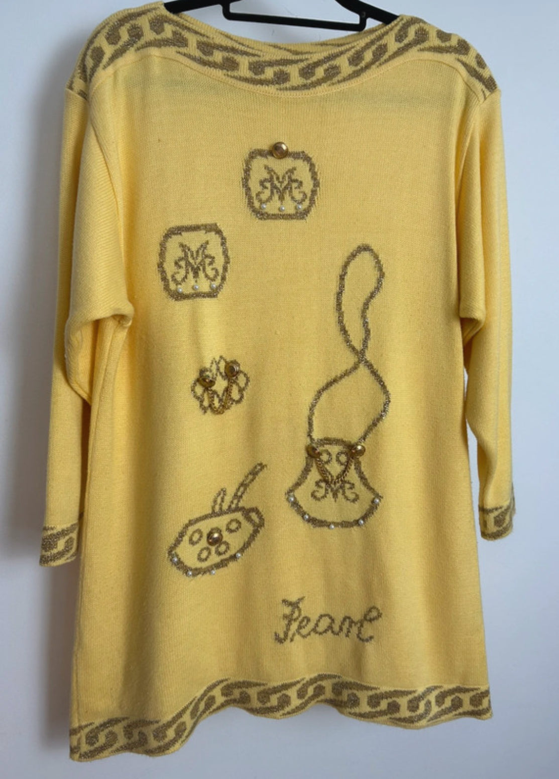 Vintage 1990s Size 14 Yellow & Gold Handbag & Purses Pattern Novelty Jumper