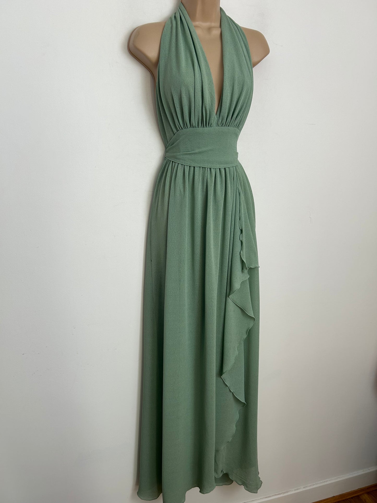 Vintage 1970s Size 10 PETER BARRON Sage Green Halterneck Wrap Skirt Maxi Dress