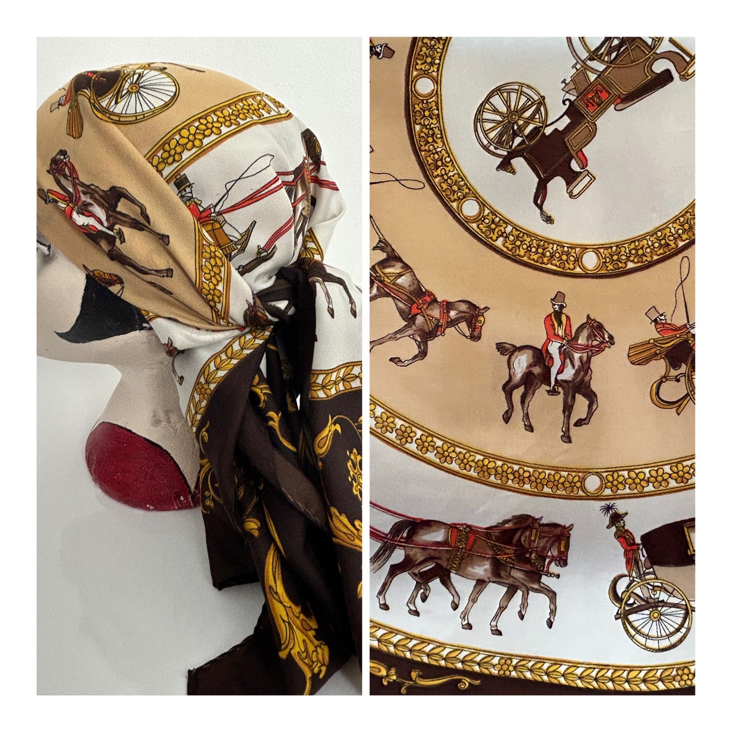 Vintage JS GERMAIN Brown Equestrian Regalia Horse & Carriage Print Scarf 80cm x 78cm