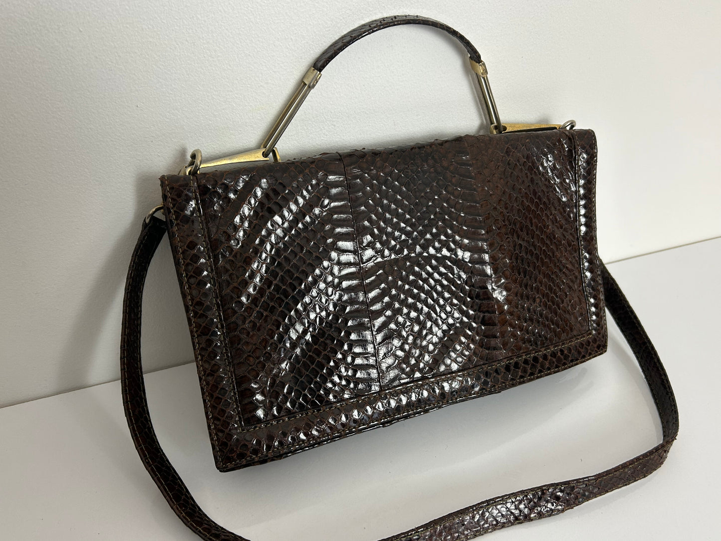 Vintage 1970s Italian Brown Reptile Leather Handbag With Removable Shoulder Strap