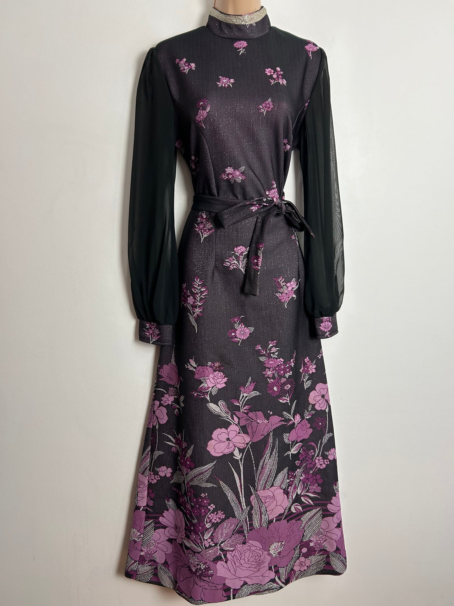 Vintage 1970s UK Size 12 Black Purple Pink & Silver Lurex Floral Print Long Sleeve Belted Occasion Evening Maxi Dress