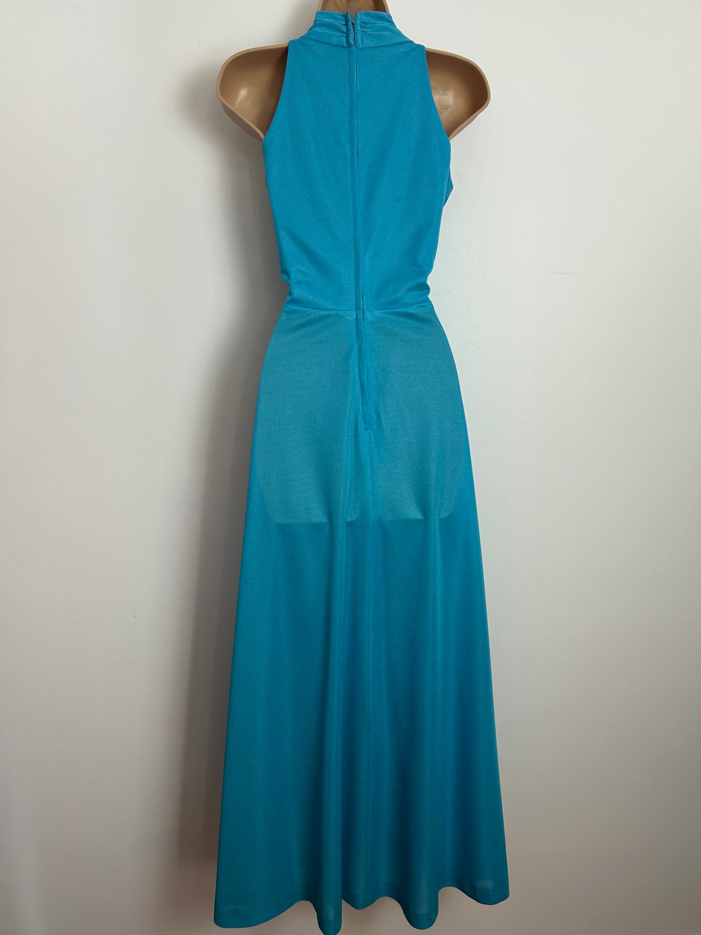 Vintage 1970s Size 6-8 Turquoise Blue Sleeveless Ruched Waist Summer Maxi Dress