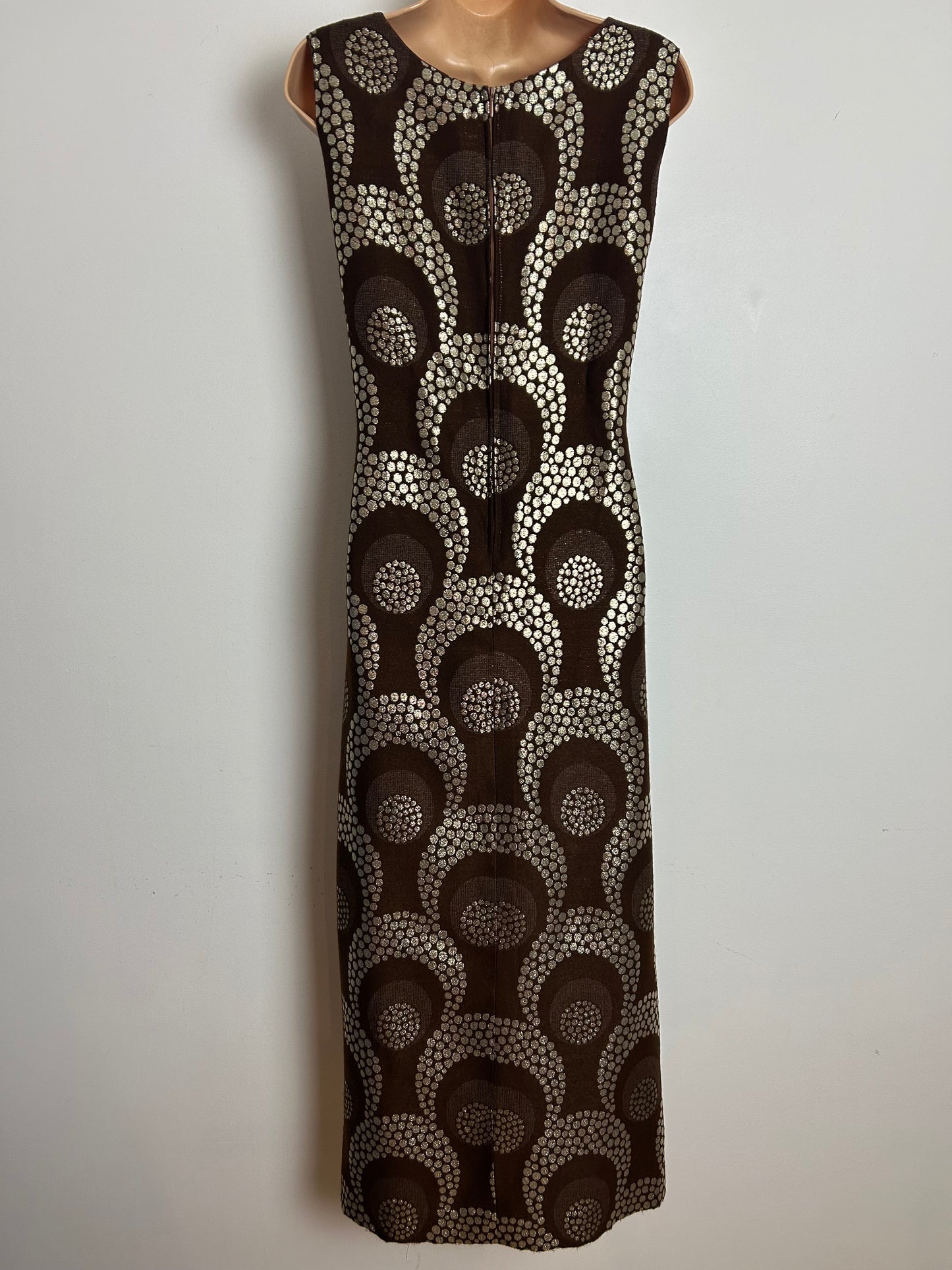 Vintage 1970s KLEEMIER HOFF Size 10 Brown & Gold Spot Print Sleeveless Evening Maxi Dress
