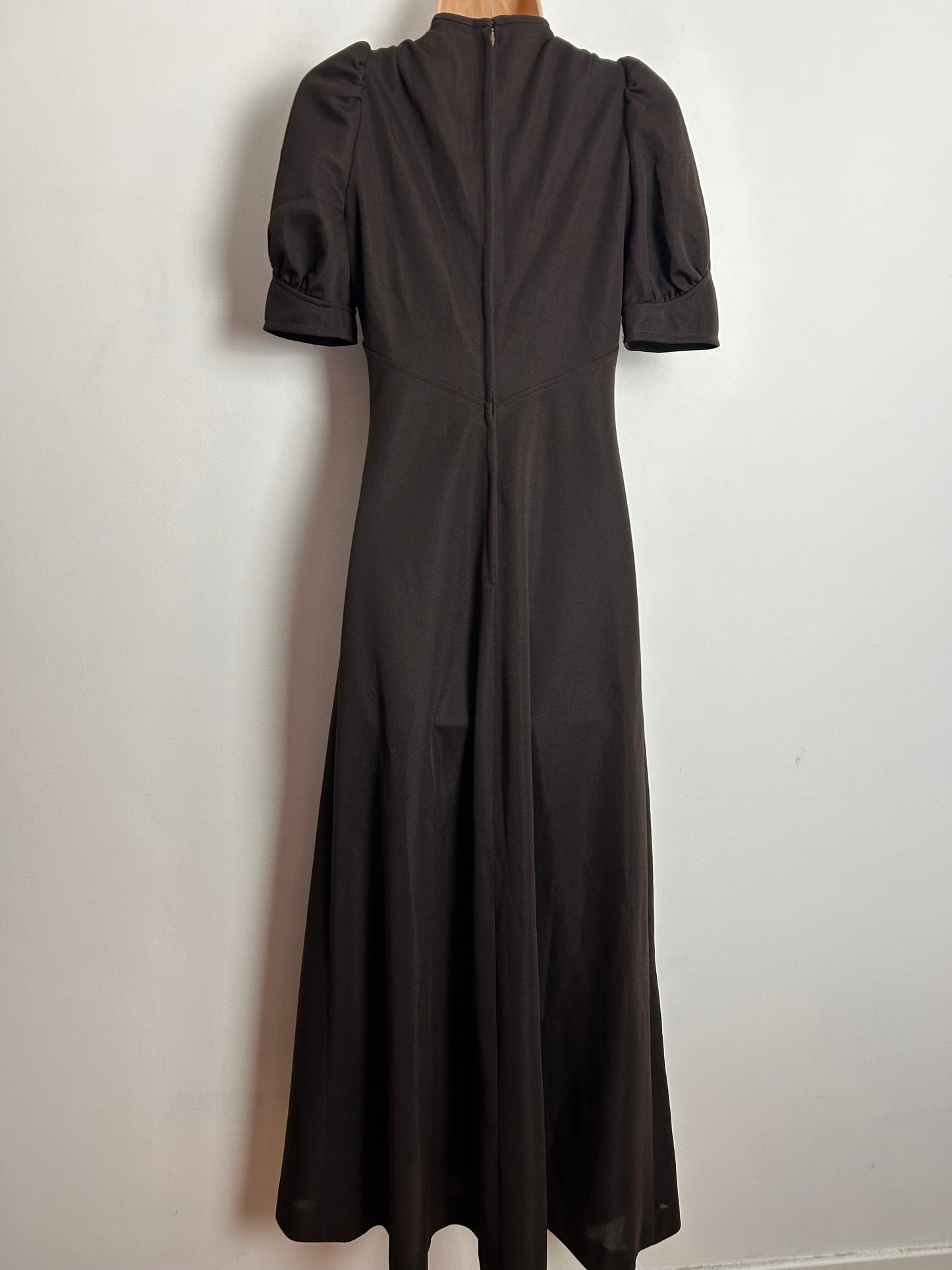 Vintage 1970s UK Size 6-8 Chocolate Brown Short Sleeve Tie Neck Boho Maxi Dress