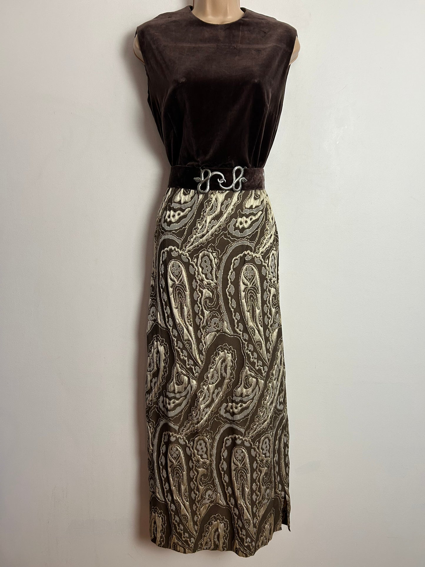 Vintage 1970s UK Size 10-12 Brown Gold & Silver Velvet & Brocade Belted Evening Maxi Dress