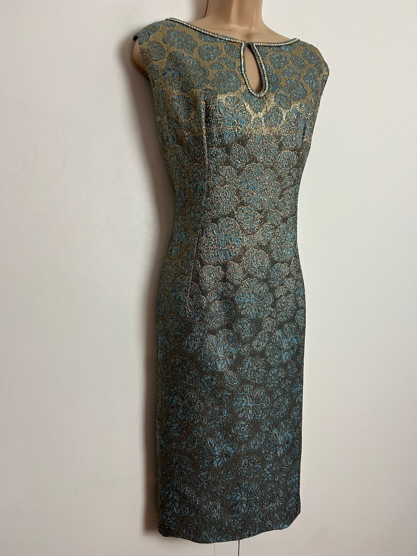 Vintage 1960s UK Size 14 Gold & Blue Lurex Brocade Diamante Embellished Party Mod Shift Dress
