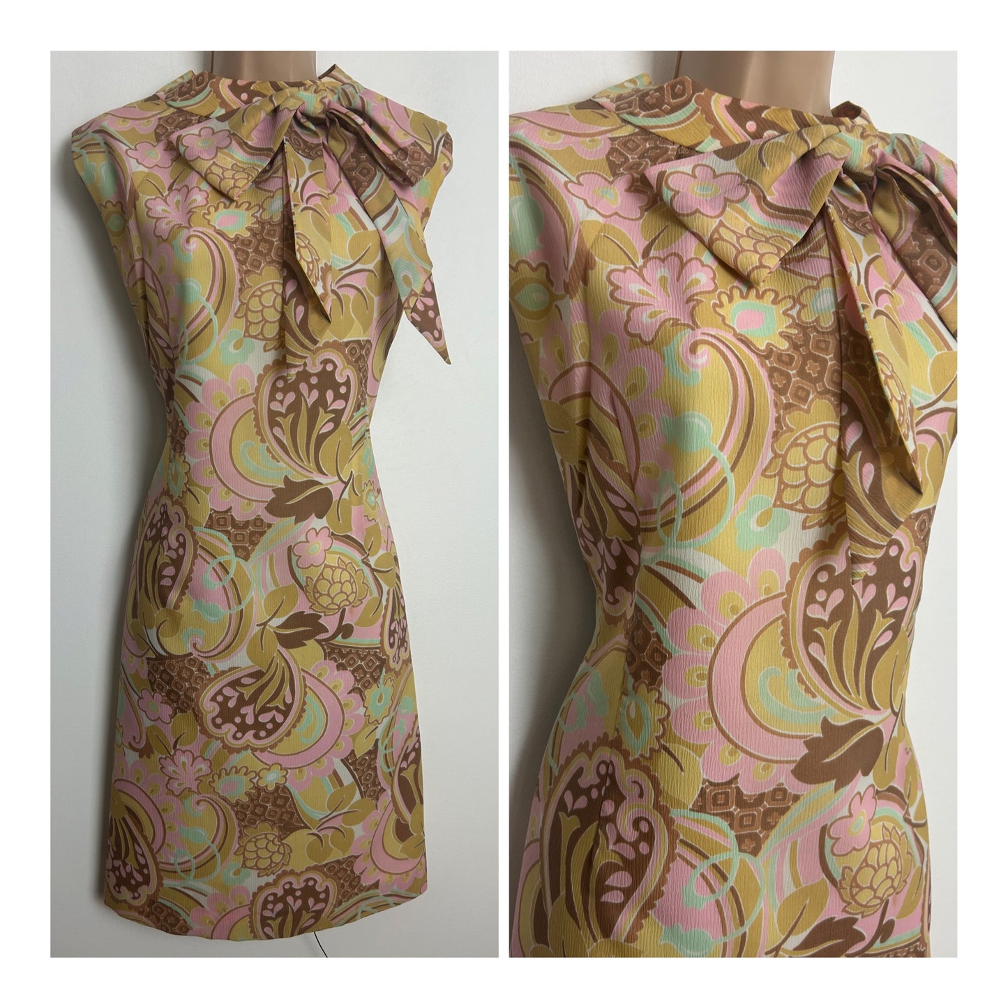Vintage 1960s HARDOB Size 12-14 Beige Pink & Mint Green Floral Print Bow Detail Mod Shift Dress