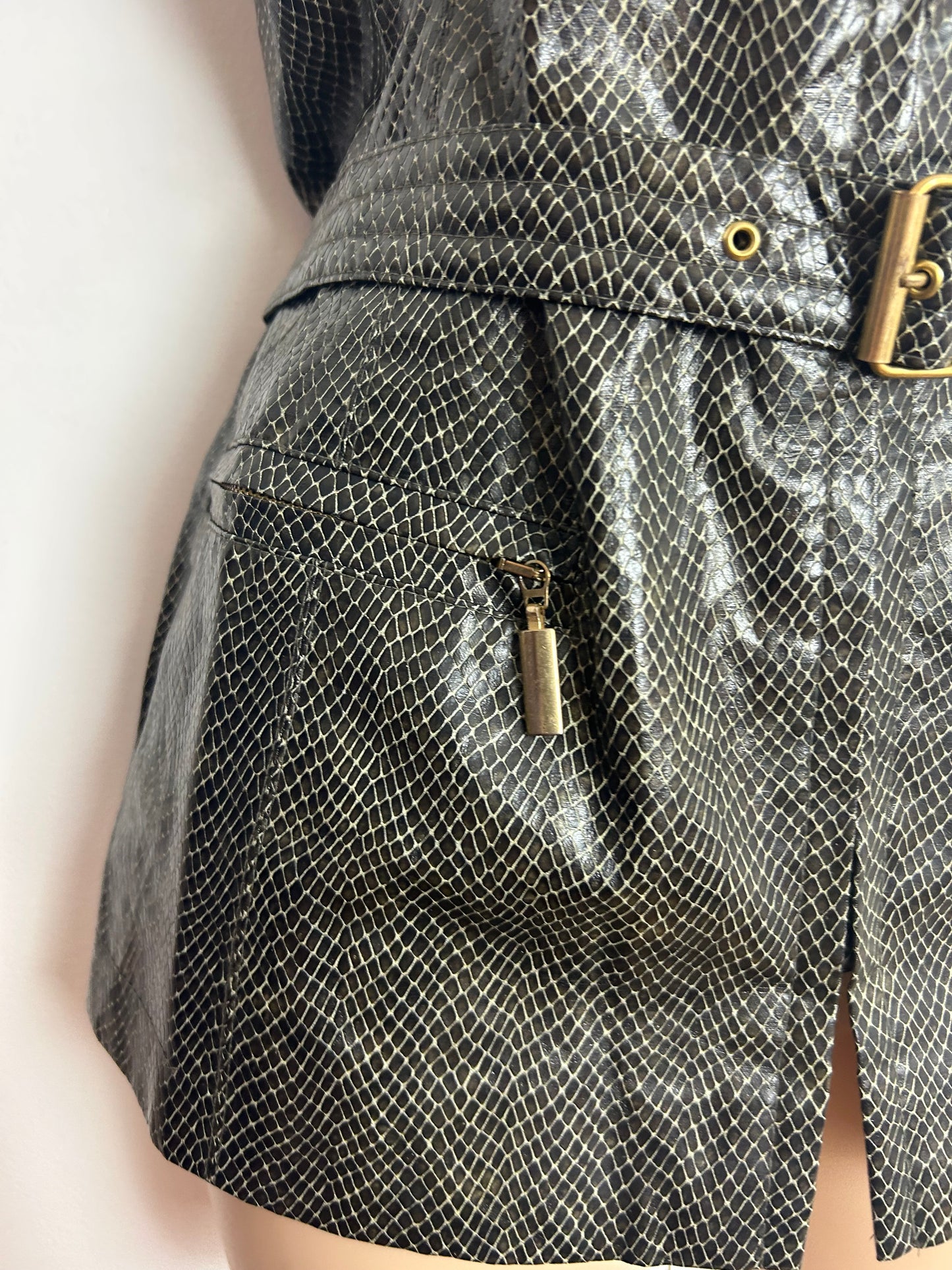Vintage 1980s BETTY BARCLAY Size 12 Brown Faux Leather Reptile Skin Belted Zip Front Waistcoat Gilet Style Top