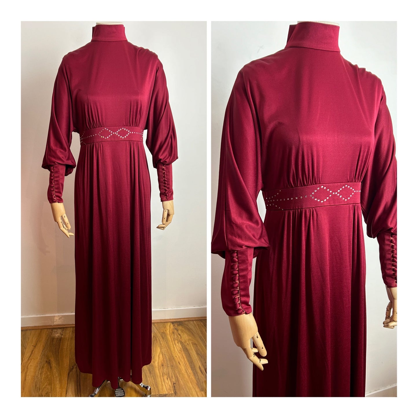 Vintage Late 1970s COCKTAIL HOFFMAN UK Size 12 Dark Red Long Dolman Sleeve Tight Cuffs Rhinestone Detail Occasion Evening Maxi Dress