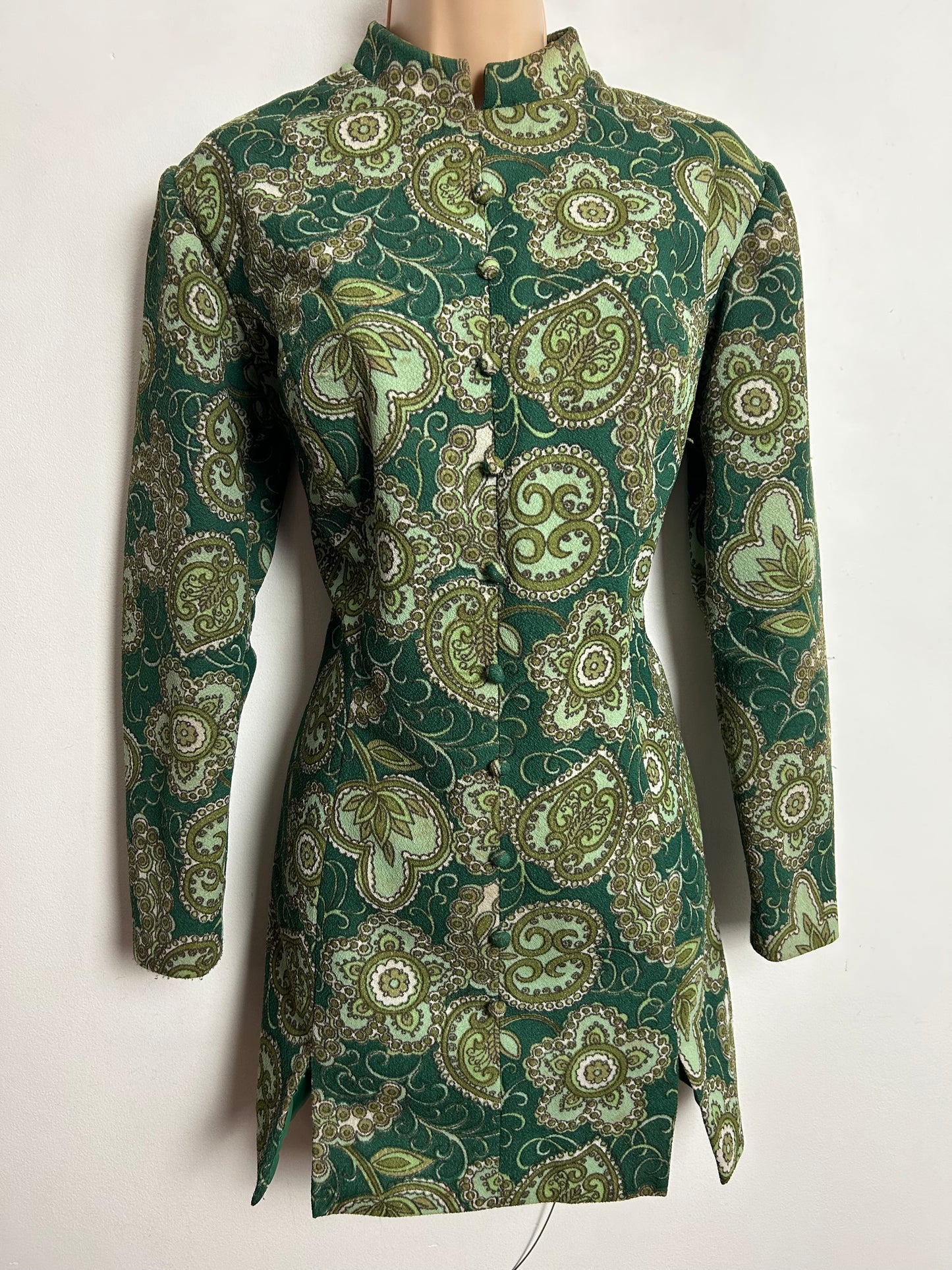 Vintage 1960s UK Size 12-14 Green Tones Floral Print Crimplene Mini Mod Shift Dress