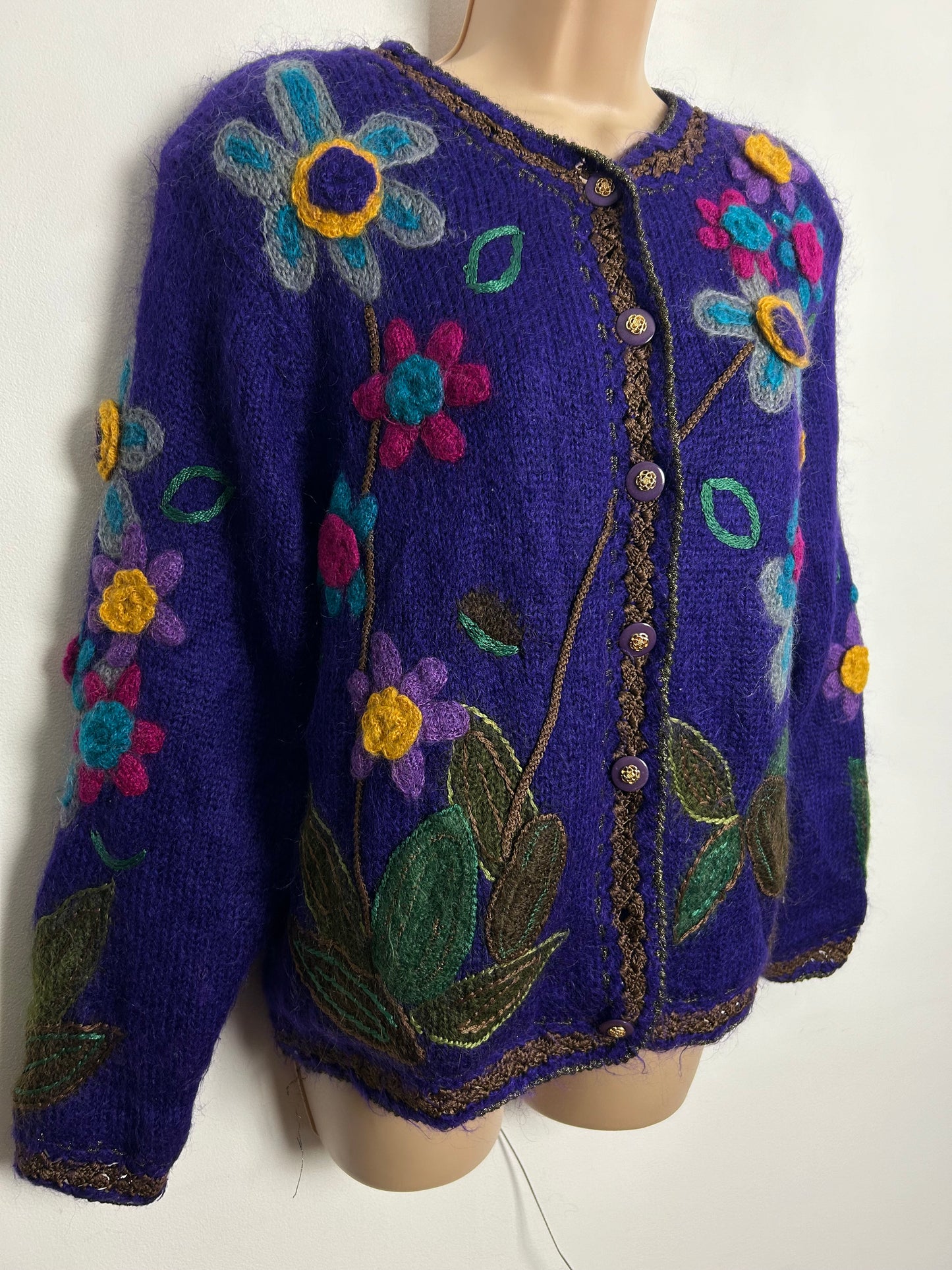 Vintage 1980s One Size Up To 14 Gorgeous Purple Mohair Mix Floral Wool Knit Long Sleeve Cardigan