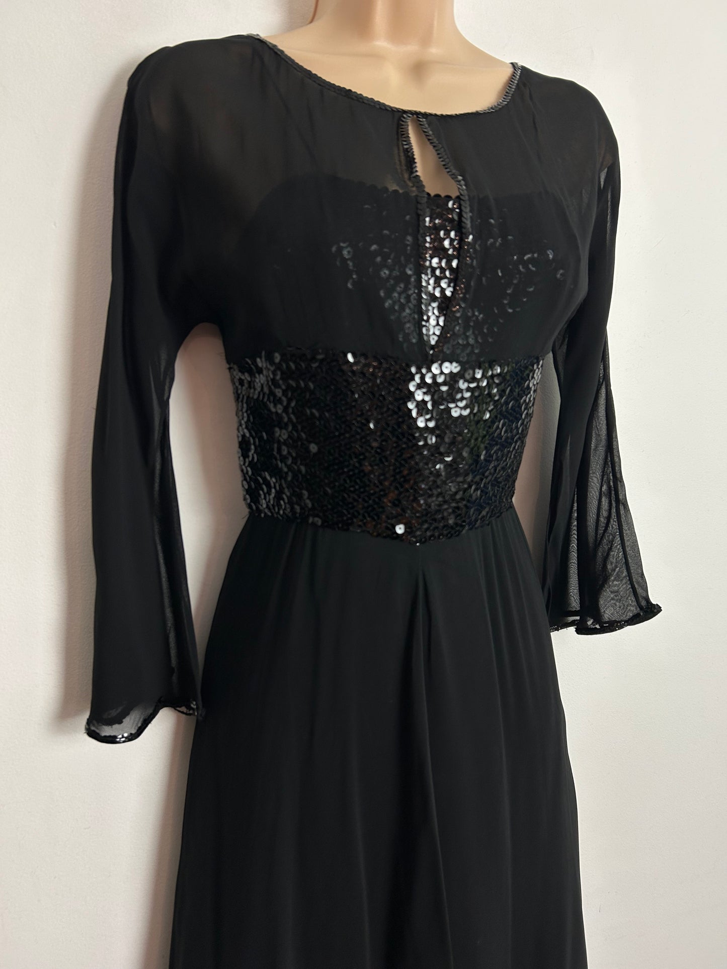 Vintage 1970s UK Size 6 Black Sequin Embellished Illusion Neck Evening Dress