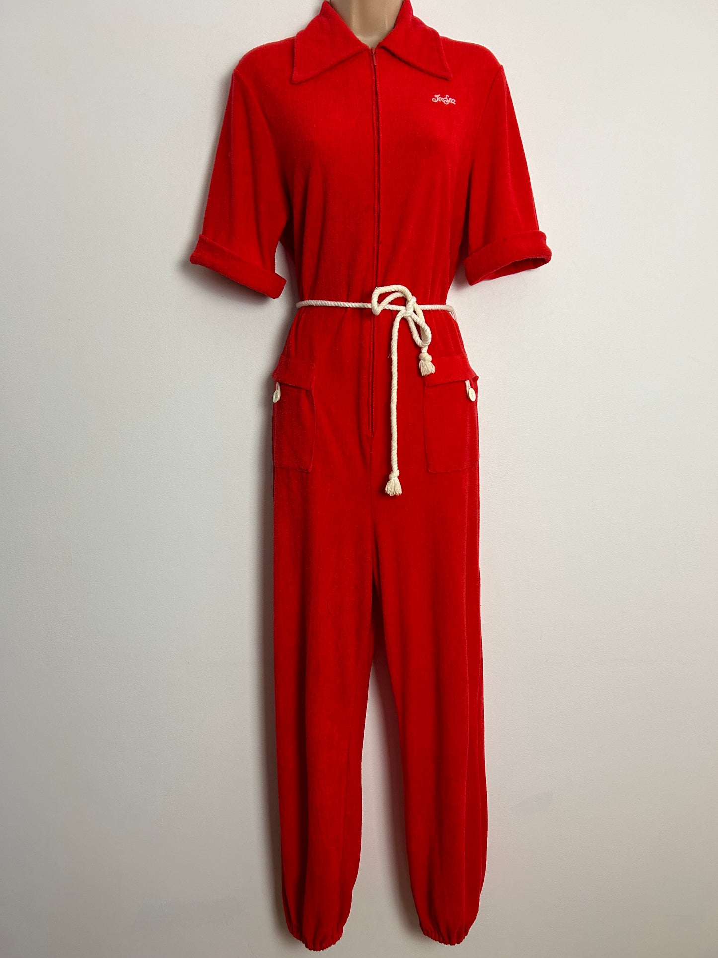 Vintage 1970s JER-SEA OF SWEDEN UK Size 12-14 Red Soft Towelling Belted Pocket Detail Zip Fronted Cuffed Ankle Jumpsuit