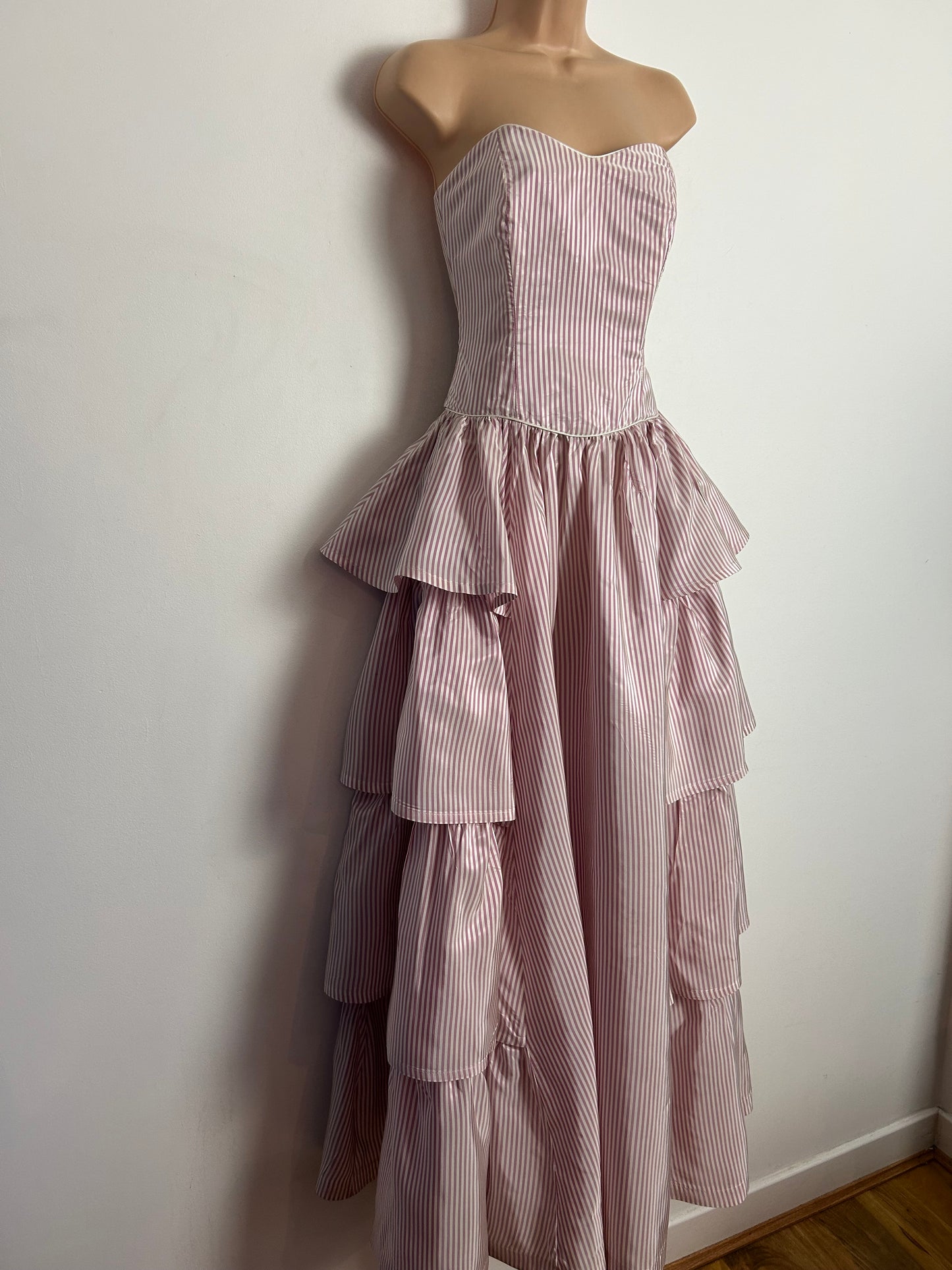 Vintage 80s LAURA ASHLEY UK Size 8 (Size 12 On Label) Strapless Pale Pink & White Stripe Tiered Full Length Ballgown