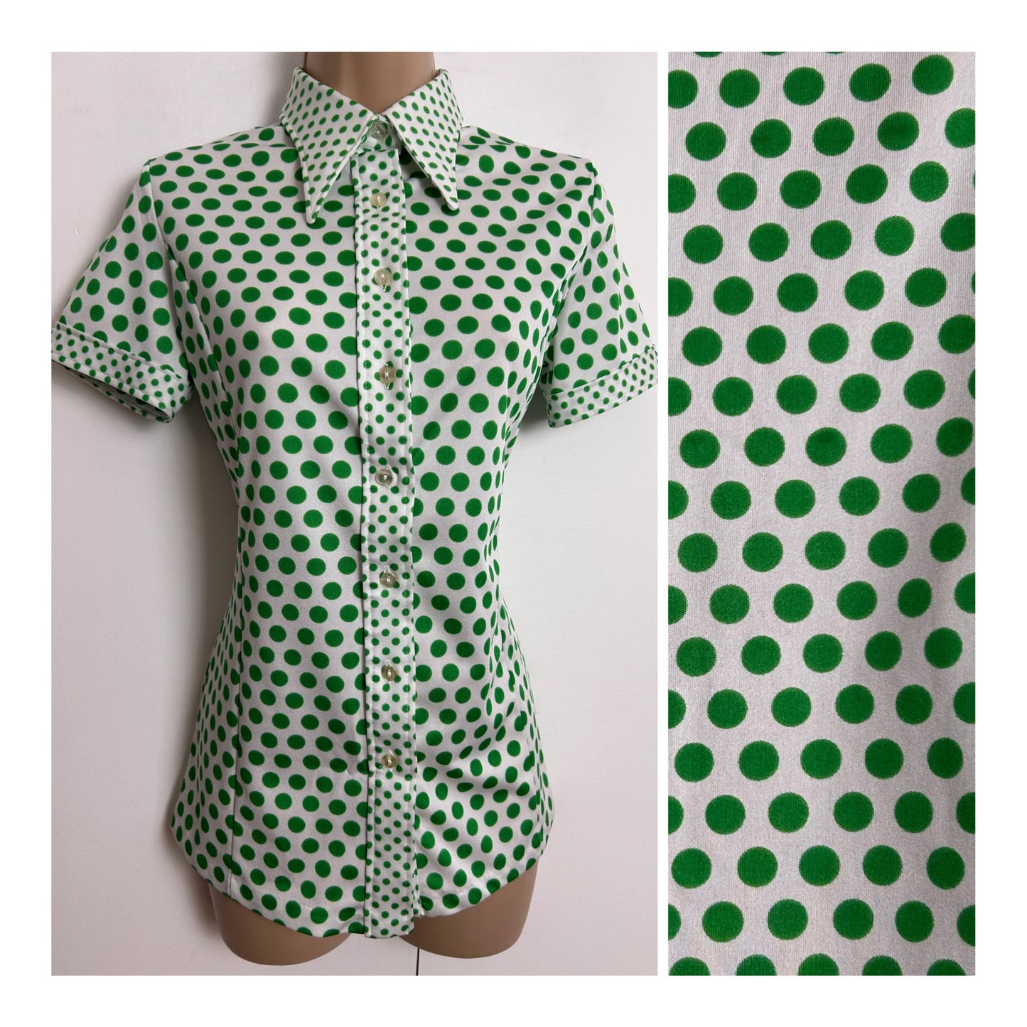 Vintage 1970s Size 12 White & Green Polka Dot Spotty Dagger Collar Short Sleeve Shirt