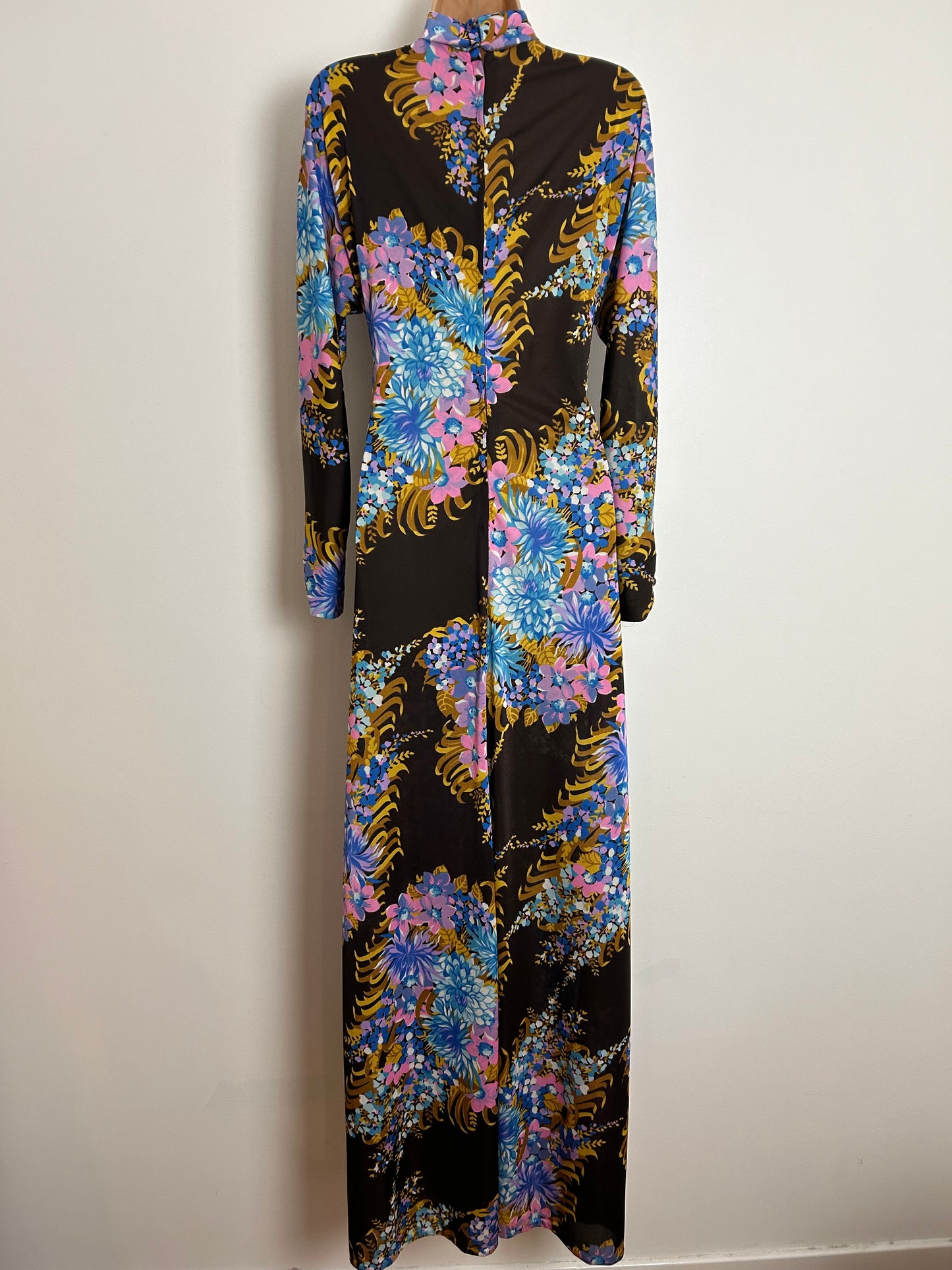 Vintage 1970s VILEDA UK Size 8 Brown Blue & Pink Floral Print Roll Neck Long Sleeve Maxi Dress