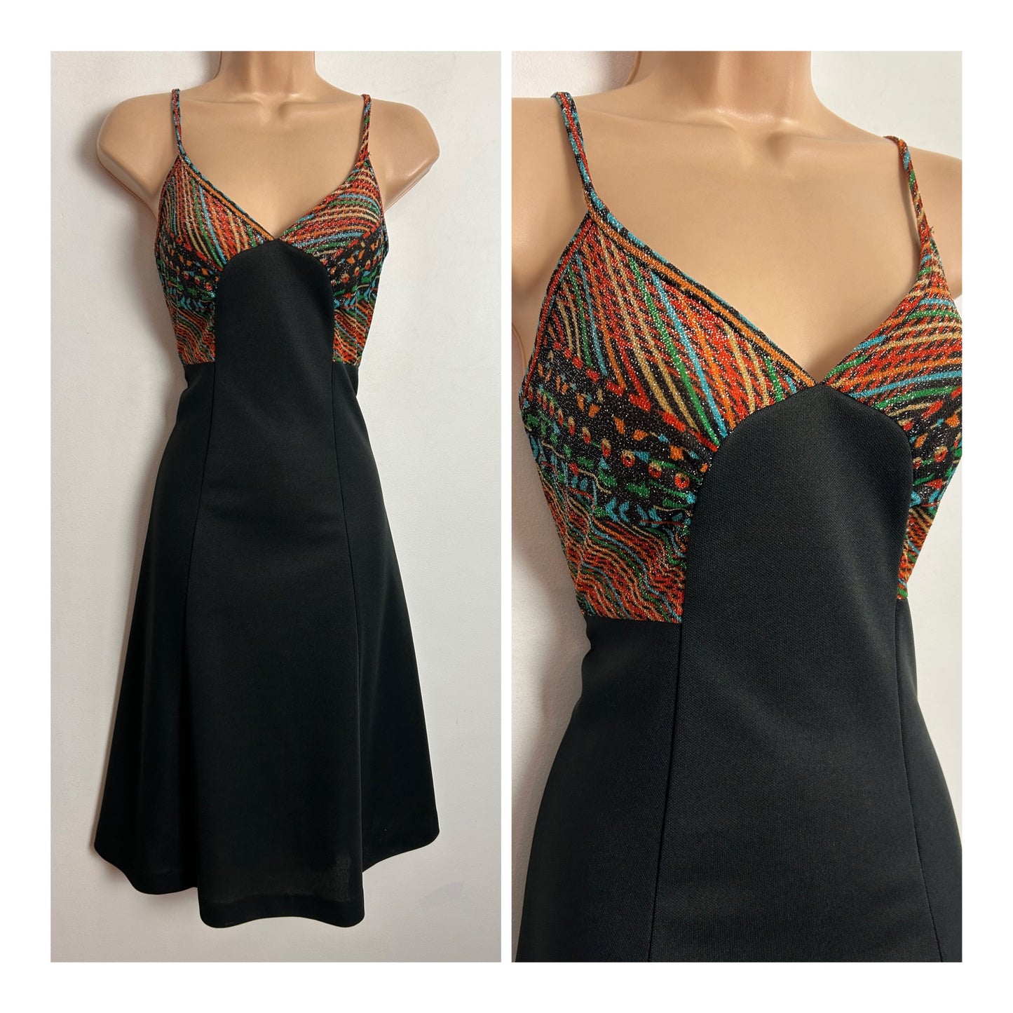 Vintage 1970s UK Size 10 Black Orange Green Blue Lurex Strappy Midi Party Dress