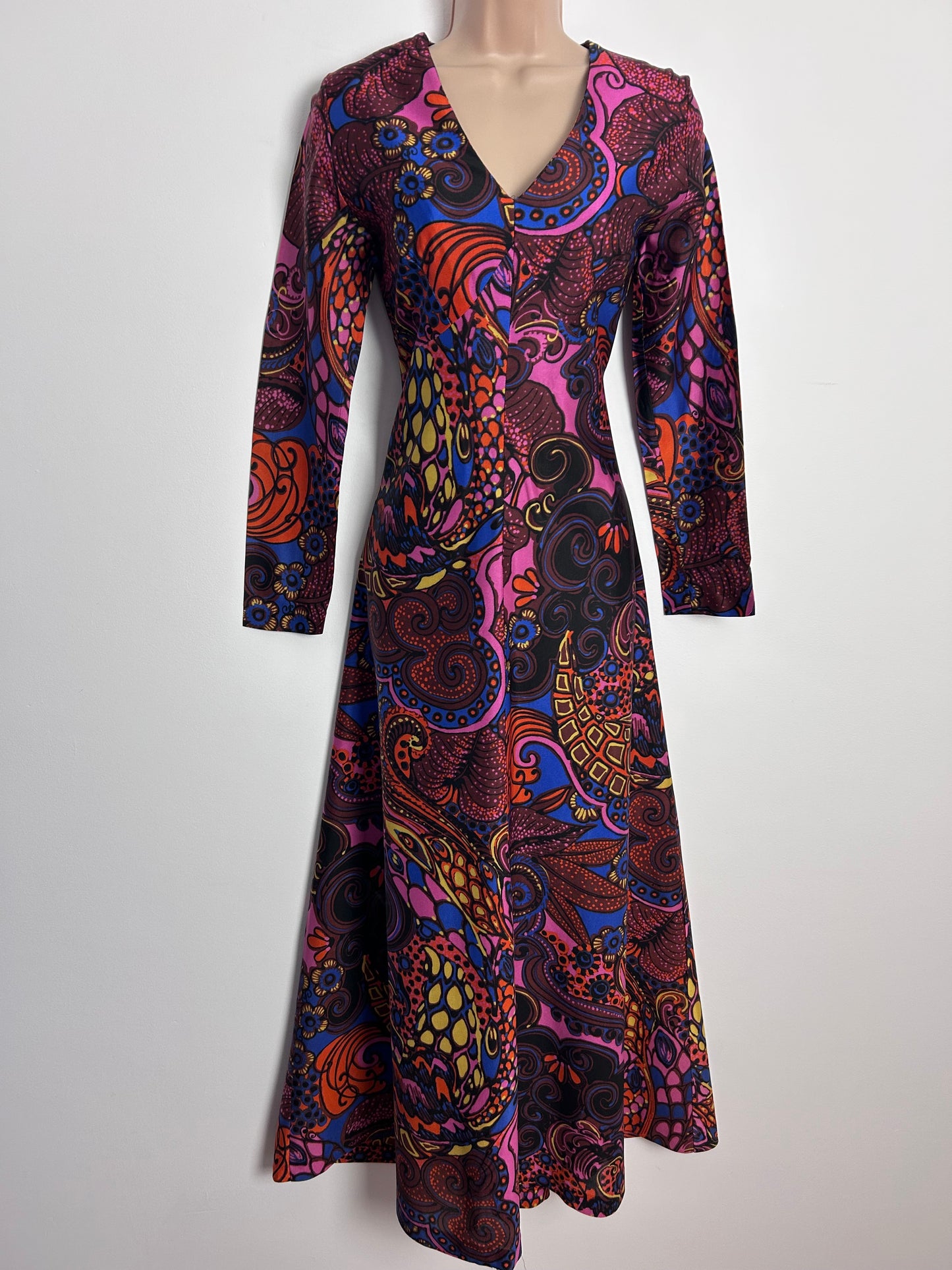 Vintage 1970s CONTESA UK Size 10 Black Brown Pink Orange & Blue Abstract Floral Print Long Sleeve Maxi Dress