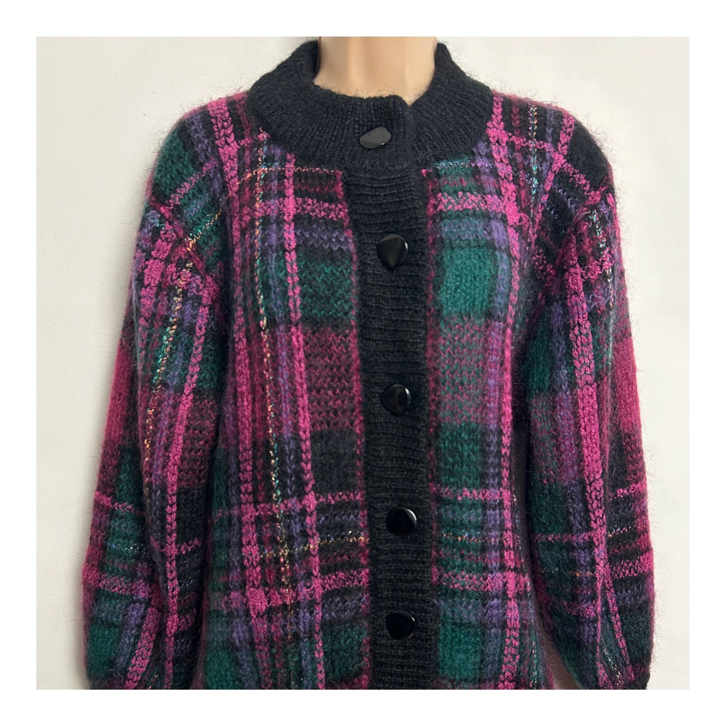 Vintage 1980s Up To Size 14 Black Green & Pink Check Mohair Mix Over Sized Cardigan