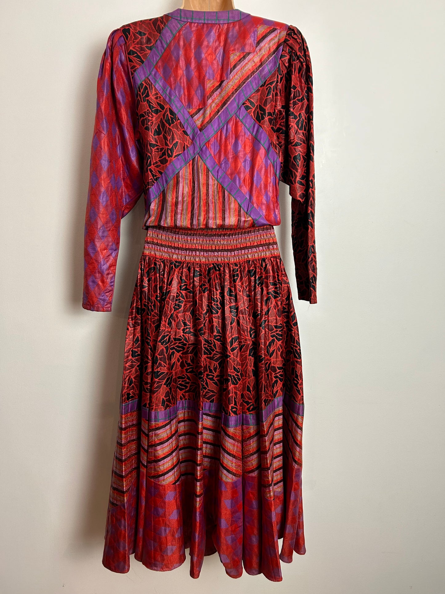 Vintage 1980s DIANE FREIS UK Size 12 AMAZING Orange Mix Abstract Print Long Sleeve Maxi Dress