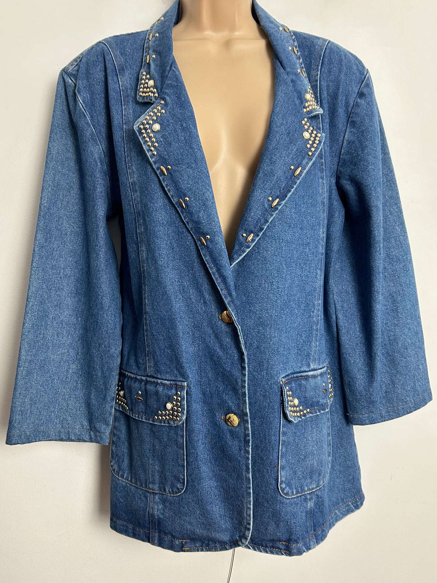 Vintage 1980s/1990s UK Size 10-12 Denim Blazer With Stud & Bead Embellishment