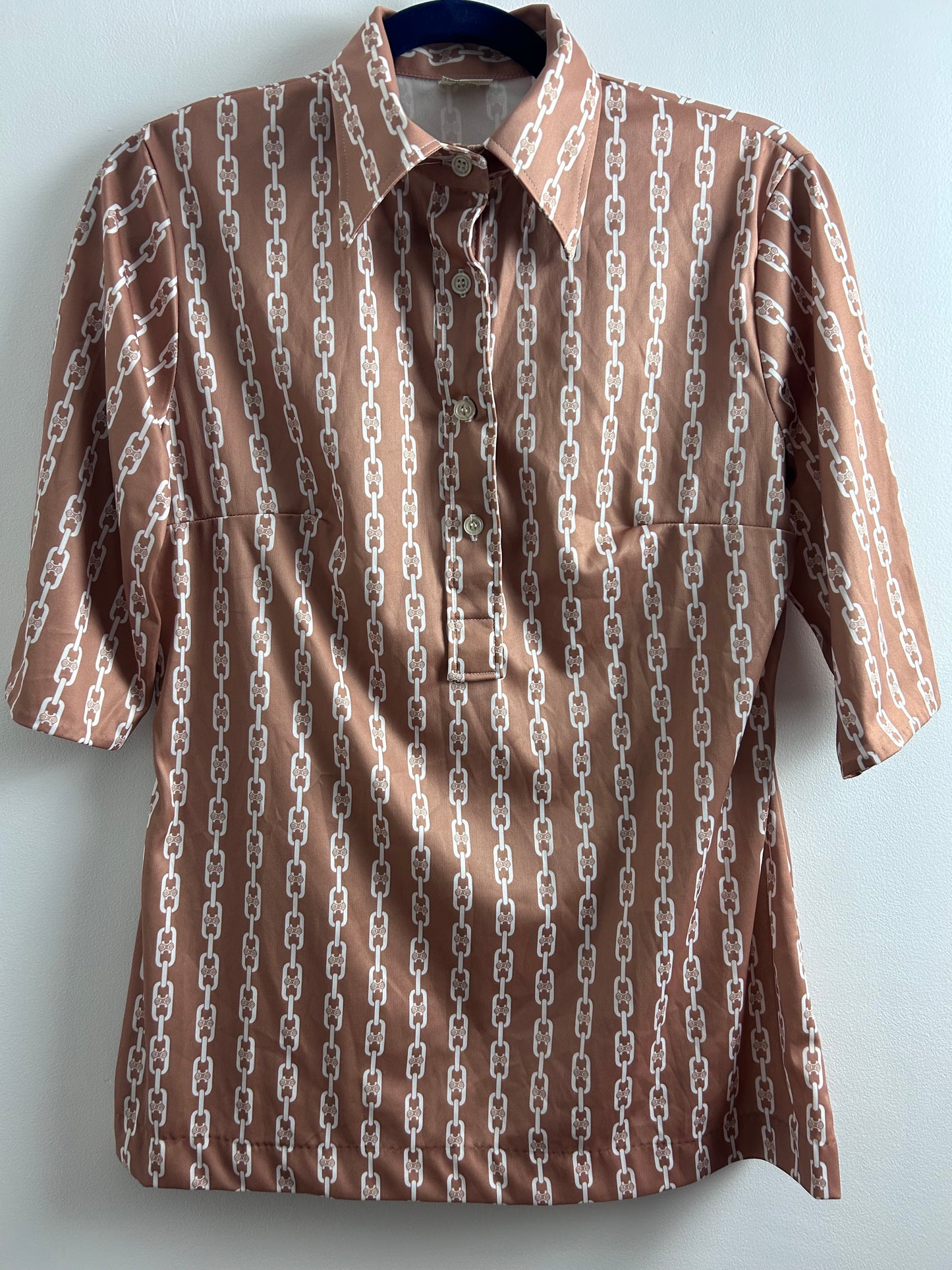 Vintage 1970s UK Size 12 Sandy Brown & White Abstract Chain Print Long Sleeve Shirt