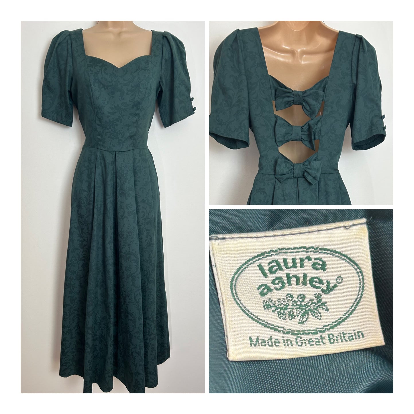 Vintage 1980s LAURA ASHLEY Size 6 (Size 10 On Label) Dark Green Damask Bow Back Dress