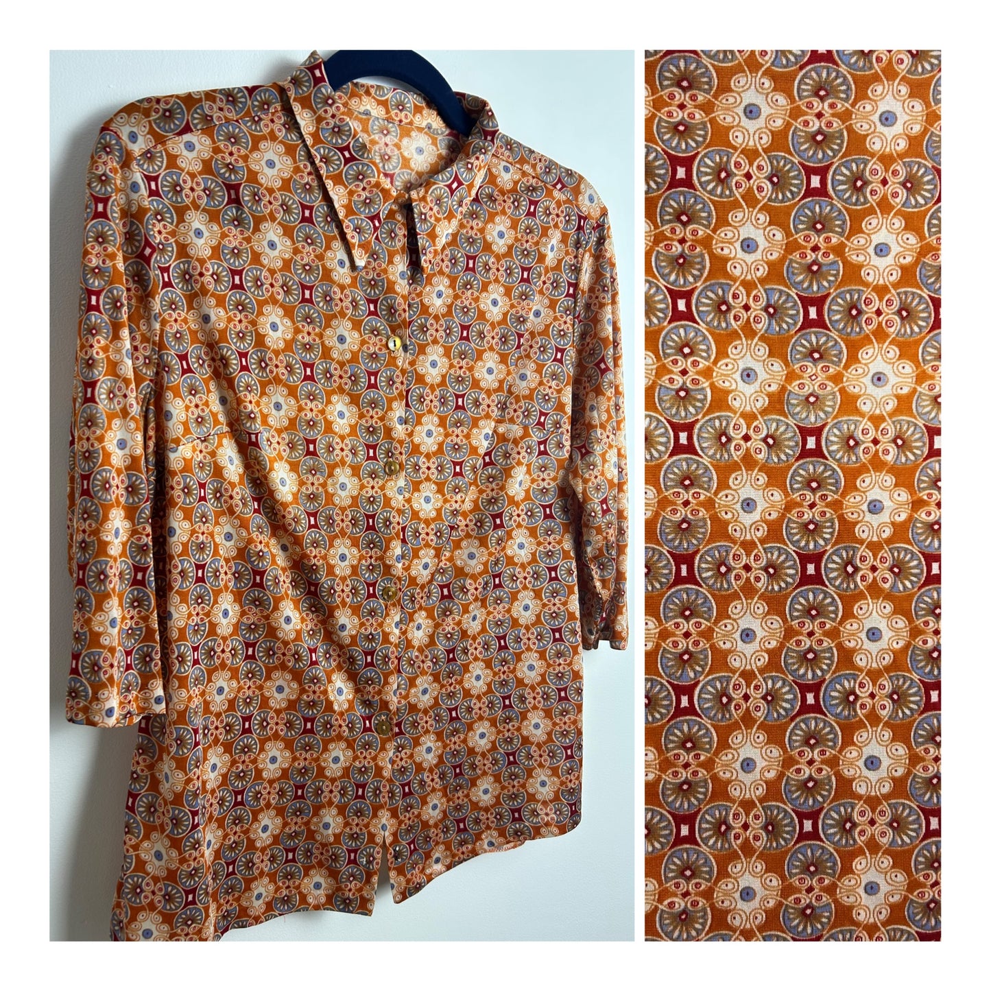 Vintage 1970s Size 12-14 Rusty Orange Blue & Dark Red Abstract Circle Print Long Sleeve Shirt