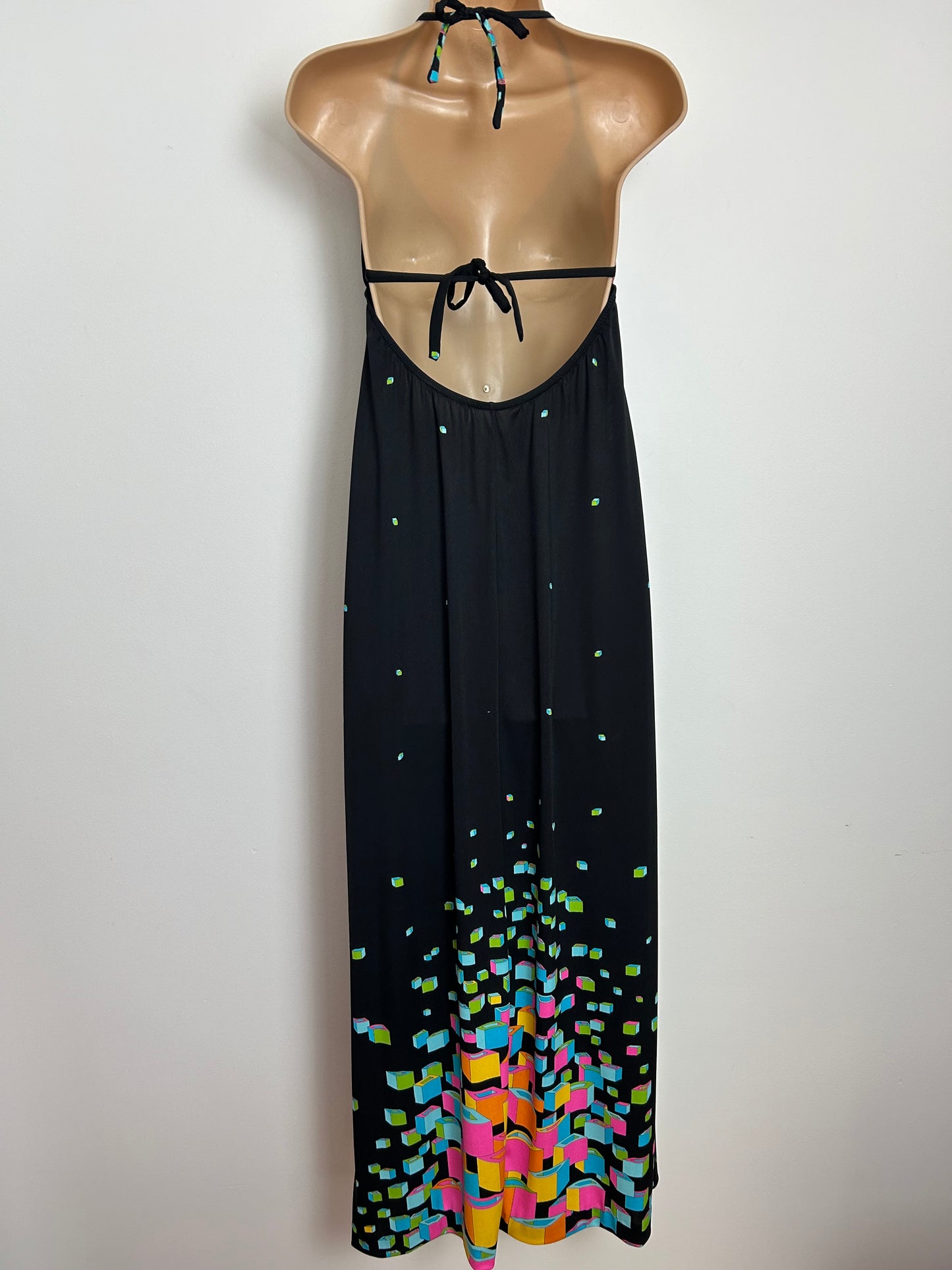 Vintage 1970s Size 8-10 Black & Mulitcolour Geometeric Square Print Halterneck Open Tie Back Maxi Dress