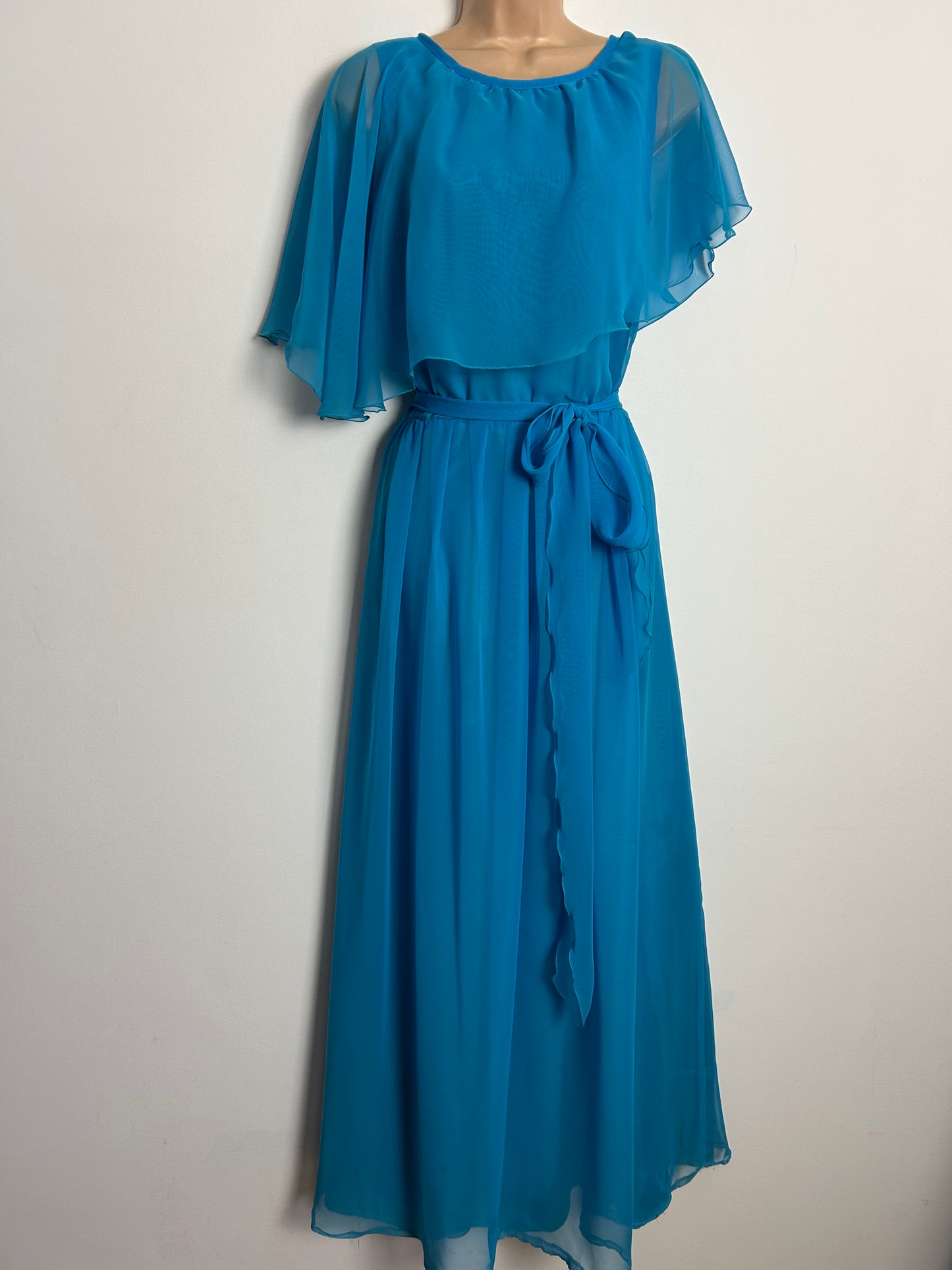 Vintage 1970s UK Size 10 Pretty Sky Blue Chiffon Asymmetrical Cape Sleeve Belted Maxi Dress