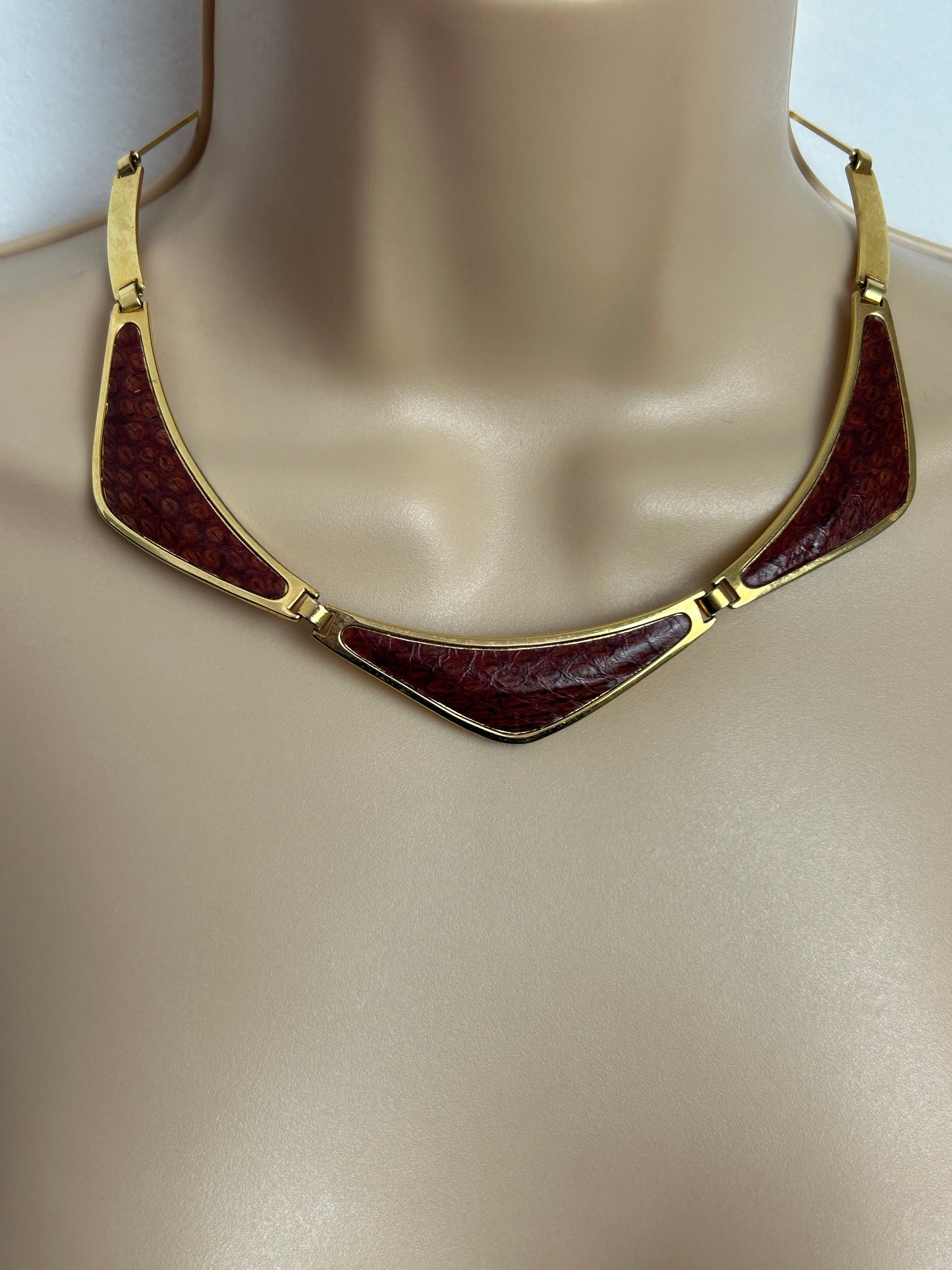 Vintage Gold Tone & Brick Red Faux Reptile Skin Panelled Choker Necklace