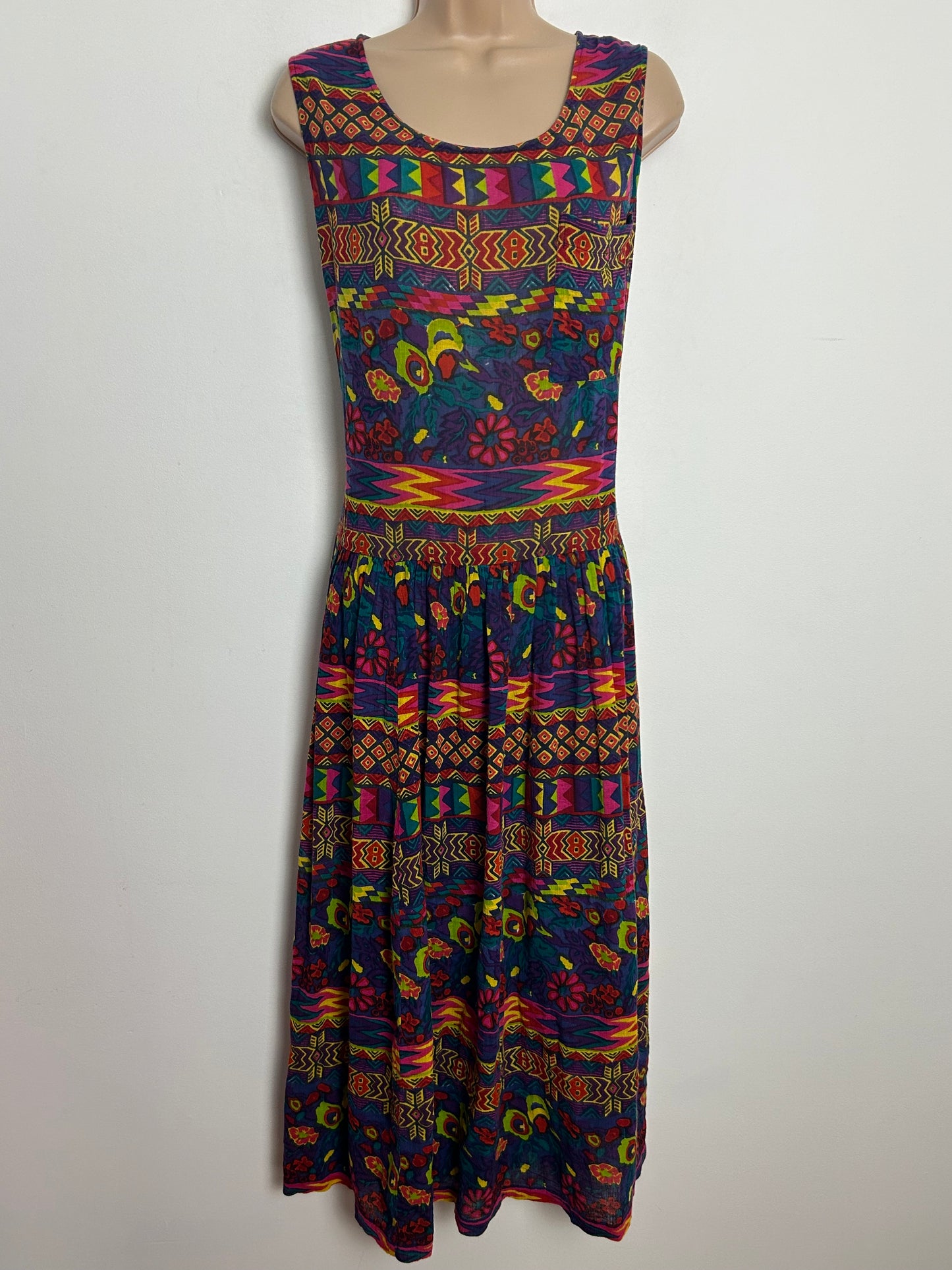 Vintage 1990s BRYN CONNELLY Size M 12 Purple Red Yellow & Green Abstract Print Indian Cotton Gather Pleated Smock Style Midi Dress