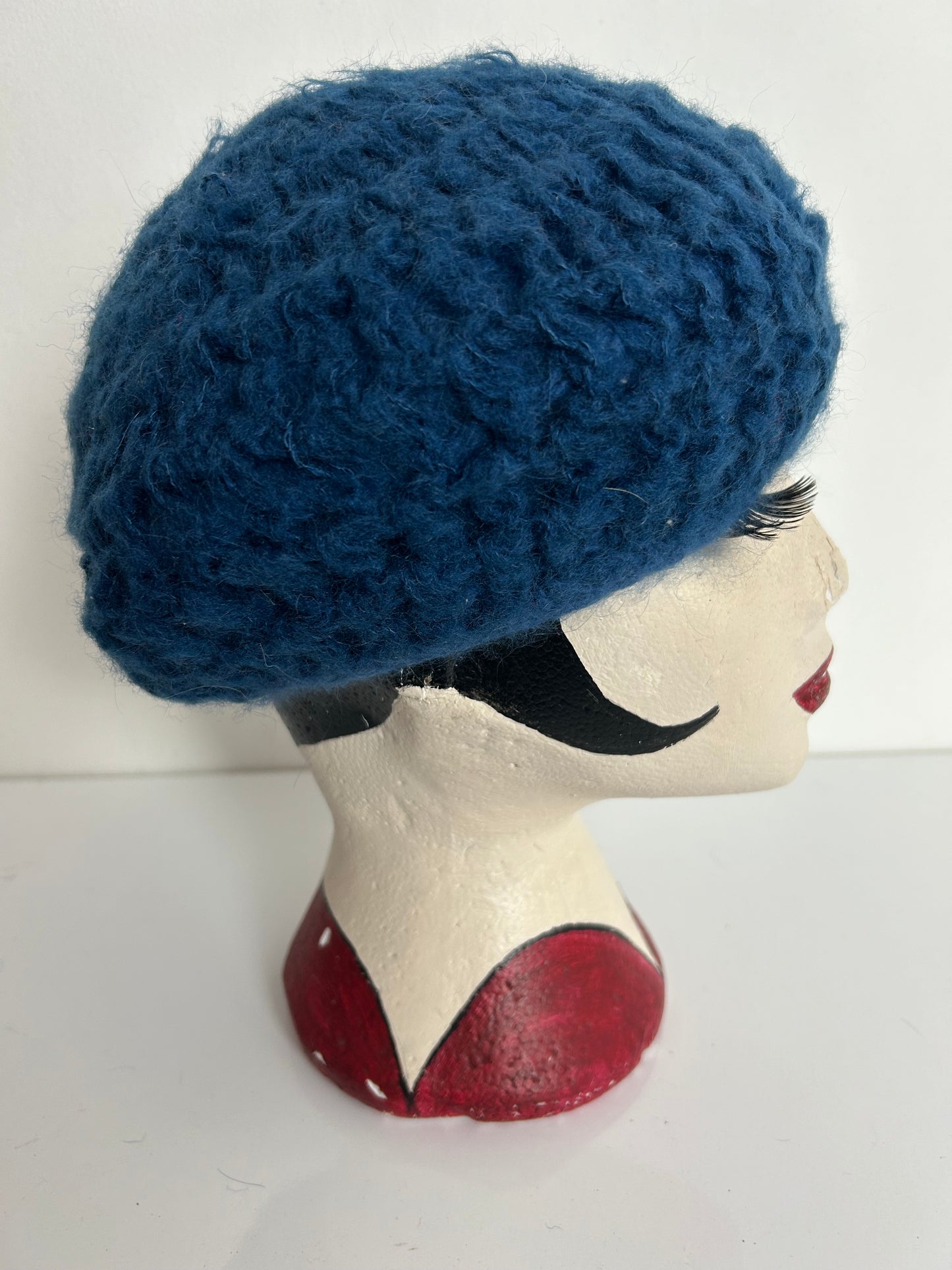 Vintage Dusky Blue Chunky Knit Wool & Angora Mix Beret Style Reversible Hat