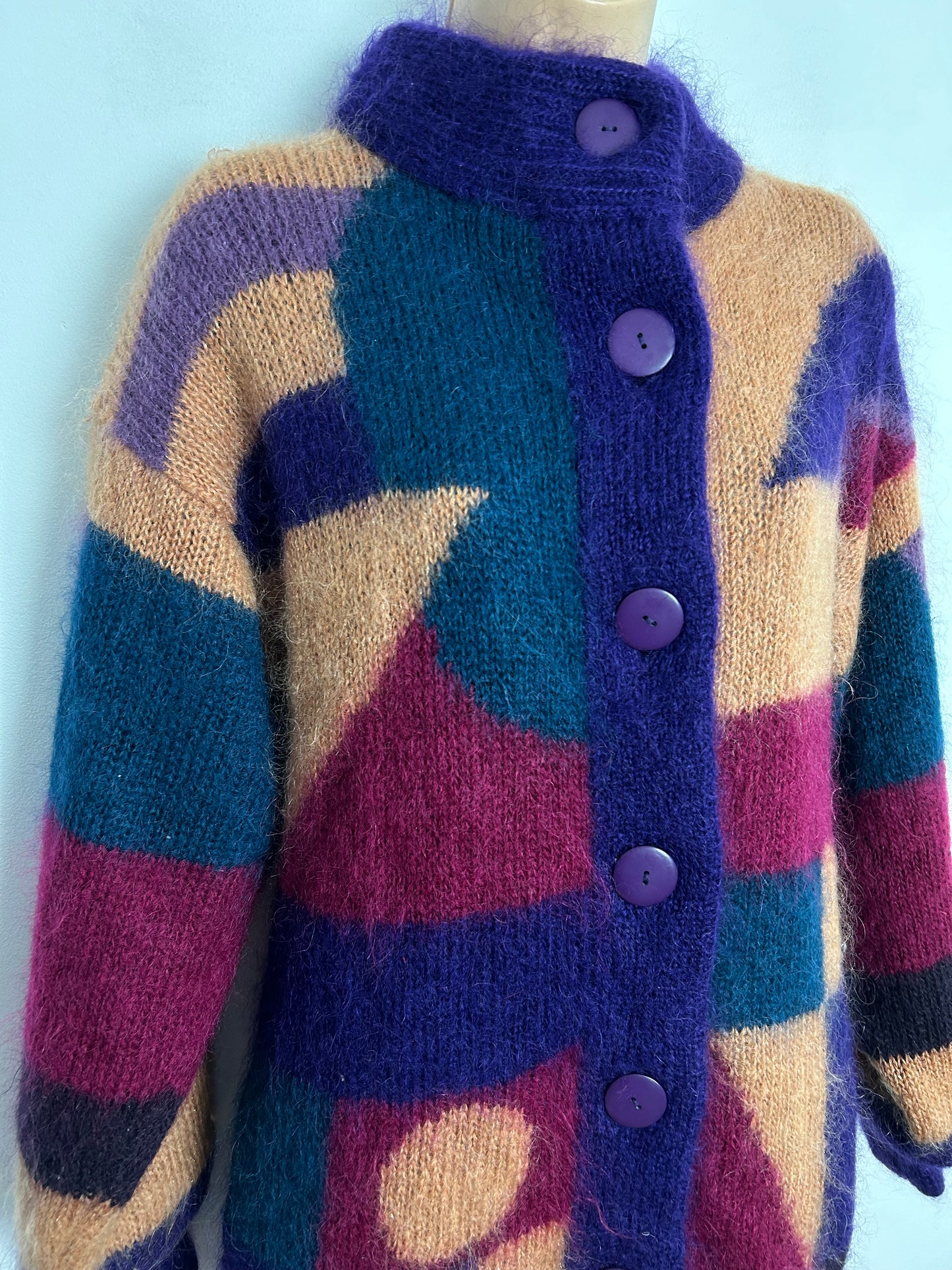 Vintage 1980s C&A One Size Up To Size 14 Purple Dark Pink Green & Sandy Beige Mohair Mix Cardigan/Coatigan