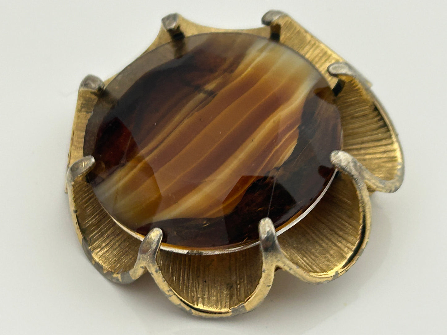 Vintage 1960s Large Celtic Scottish Gold Tone Brown Banded Glass Brooch