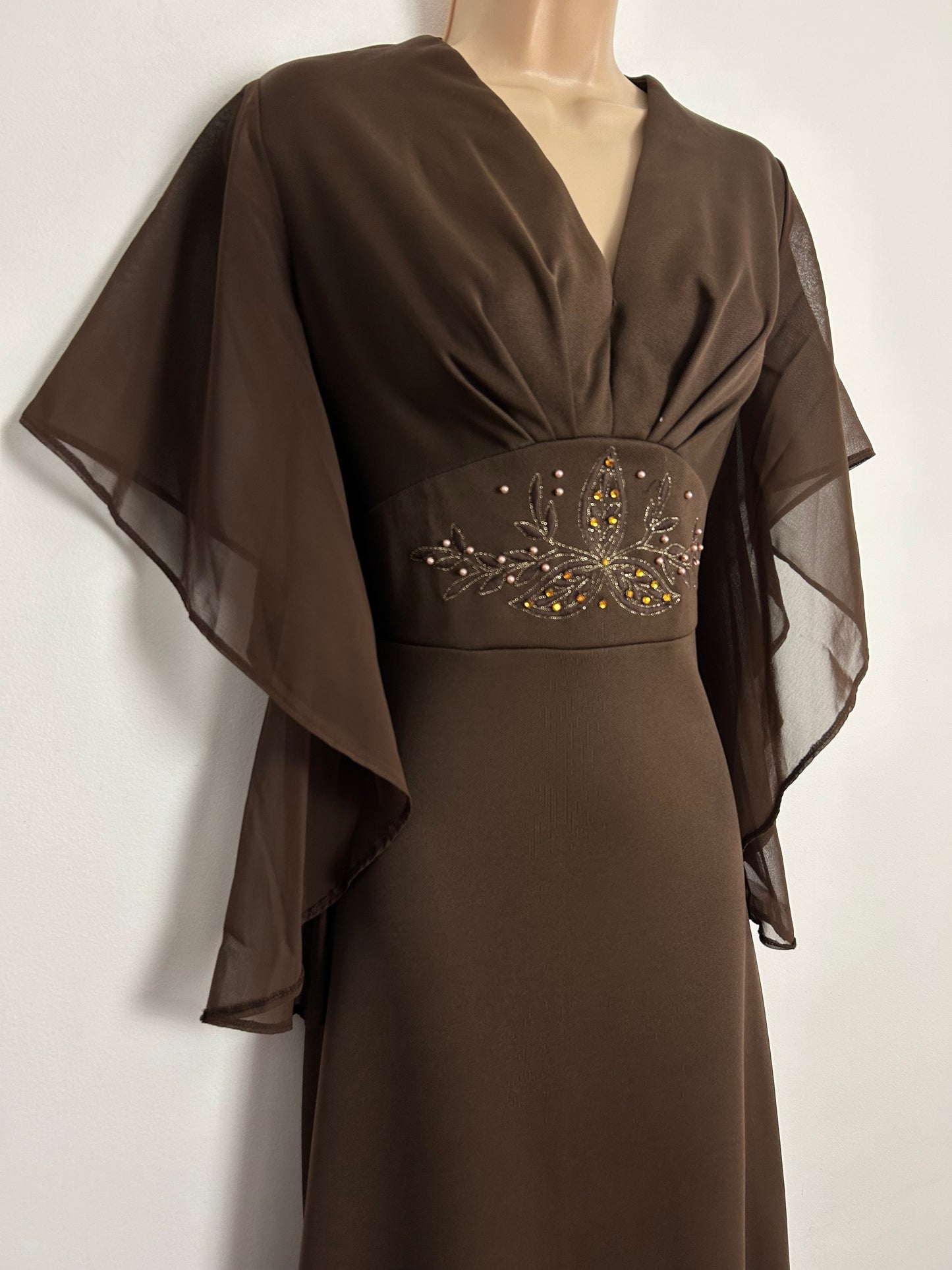Vintage 1970s UK Size 12 Chocolate Brown Chiffon Flared Sleeve Stitch Bead & Diamante Embellished Occasion Maxi Dress