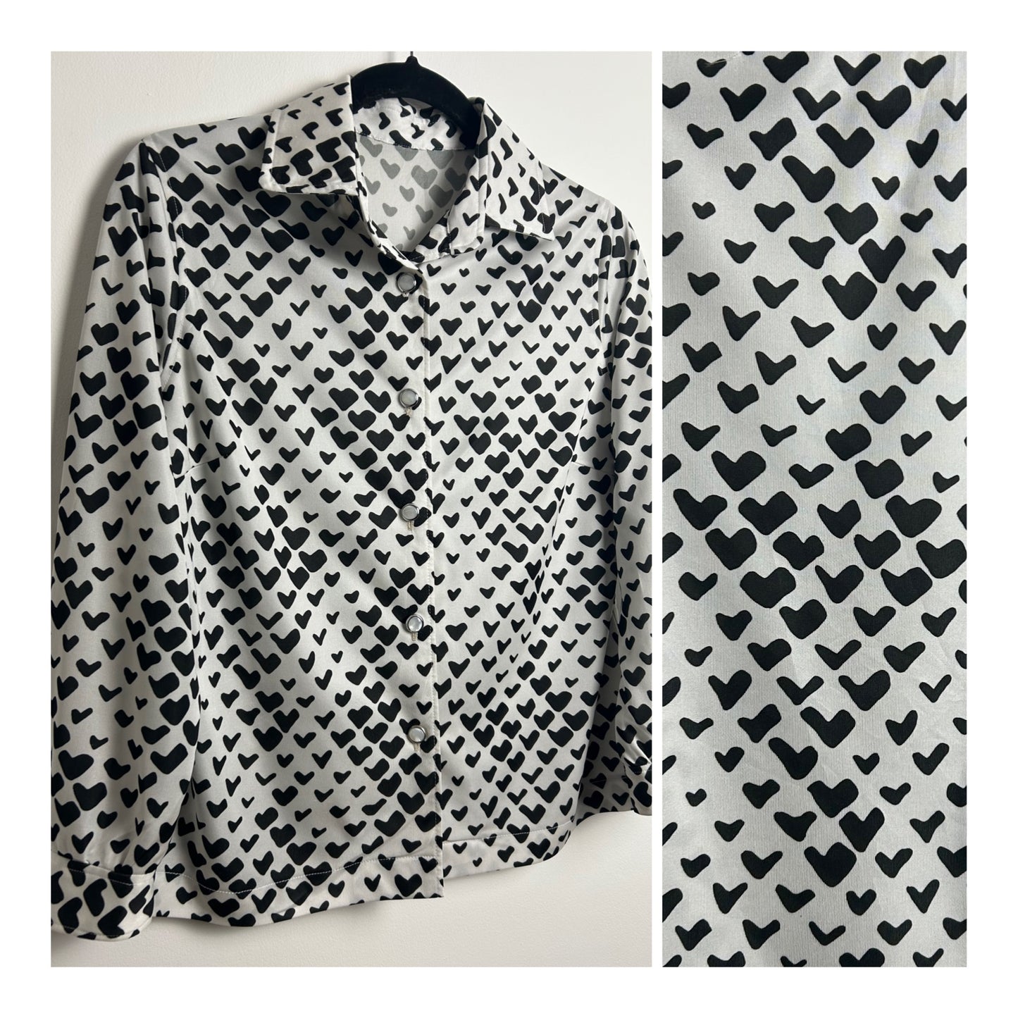 Vintage 1970s Size 12 White & Abstract Heart Print Long Sleeve Shirt