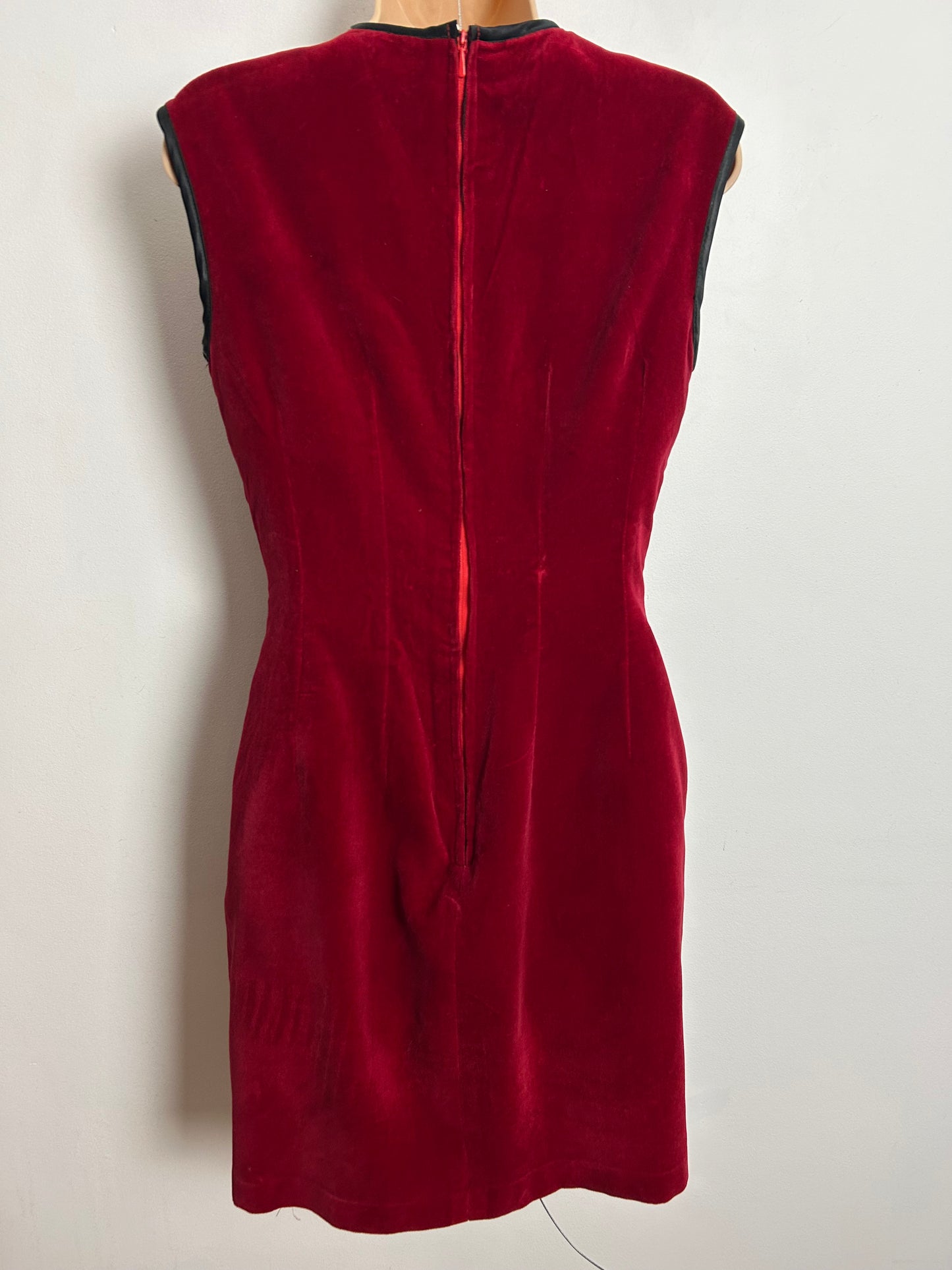 Vintage 1960s UK Size 8 Red Velvet Diamante Detail Xmas Party Mod Shift Dress