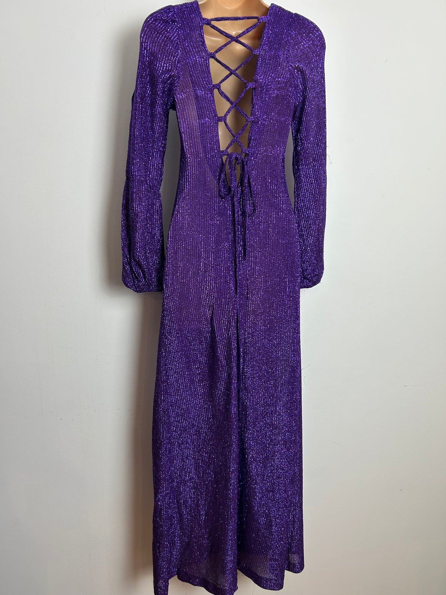 Vintage 1970s Size 6-8 Purple Lurex Glittery Shimmery Long Sleeve Lace Up Black Xmas Party Evening Maxi Dress