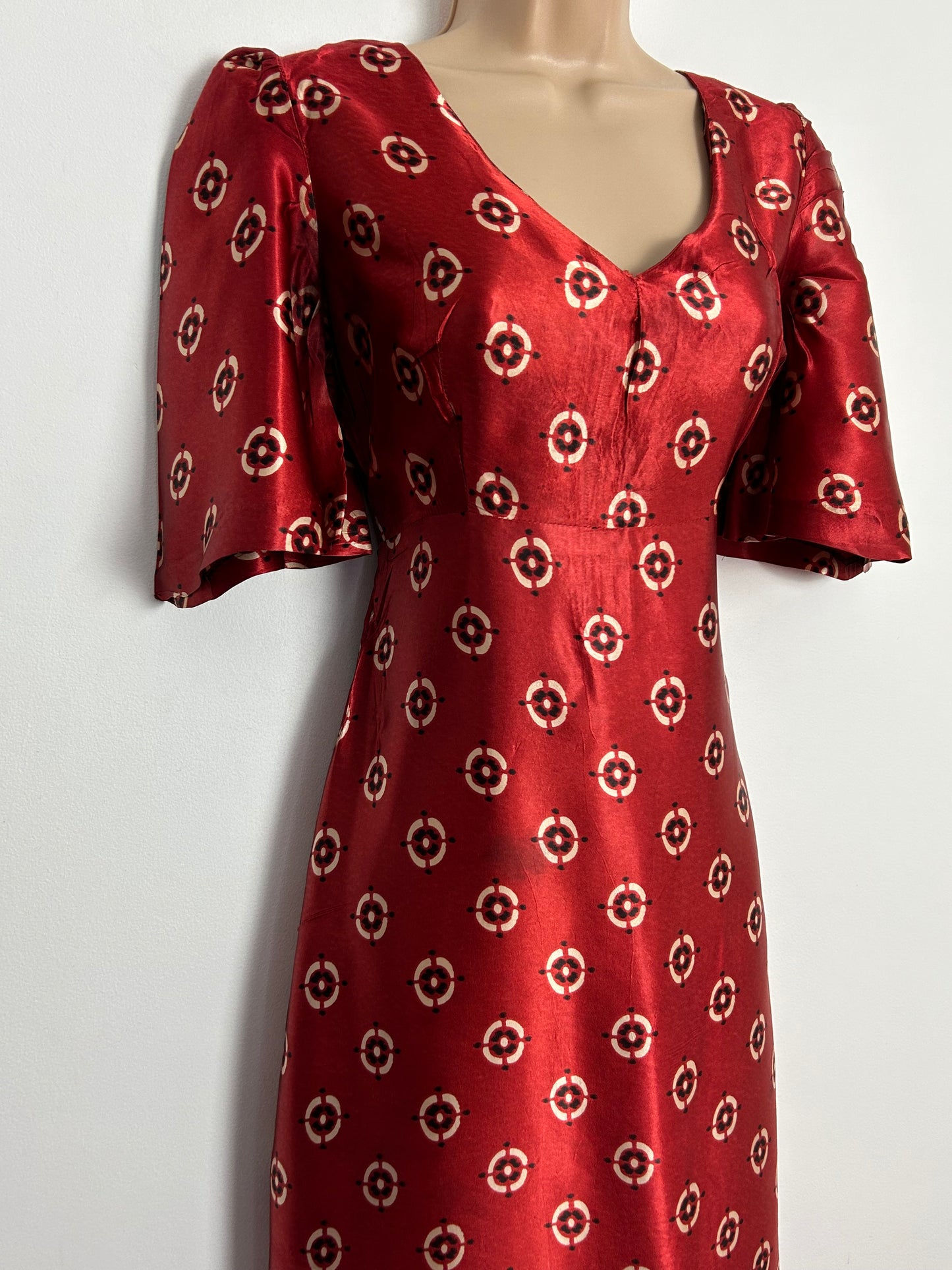 Vintage 1970s UK Size 8 Gorgeous Brick Red Abstract Circular Print Short Sleeve Flared Sleeve Maxi Dress