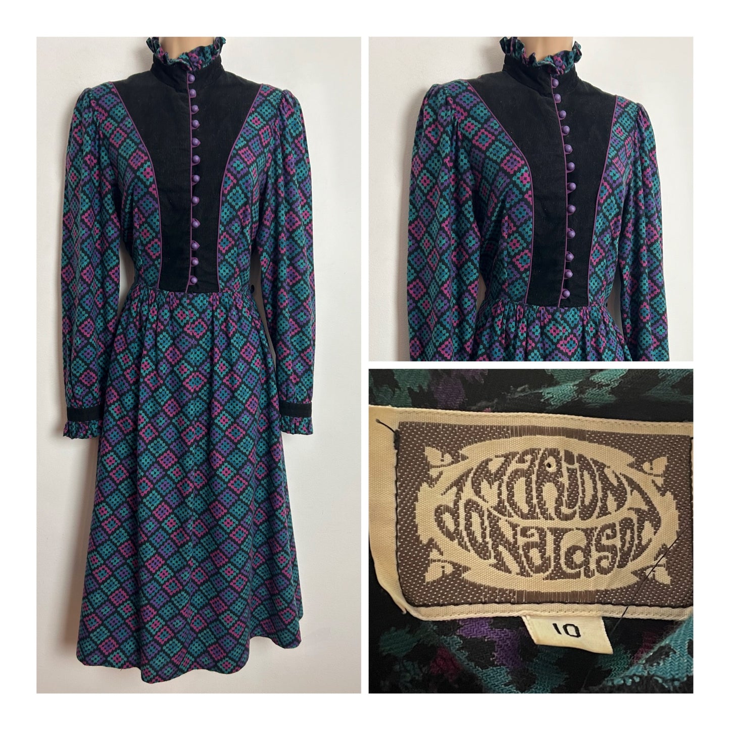 Vintage Late 1970s MARION DONALDSON UK Size 8 Black Turquoise Purple & Pink Wool Mix Cord Panel Victoriana Dress