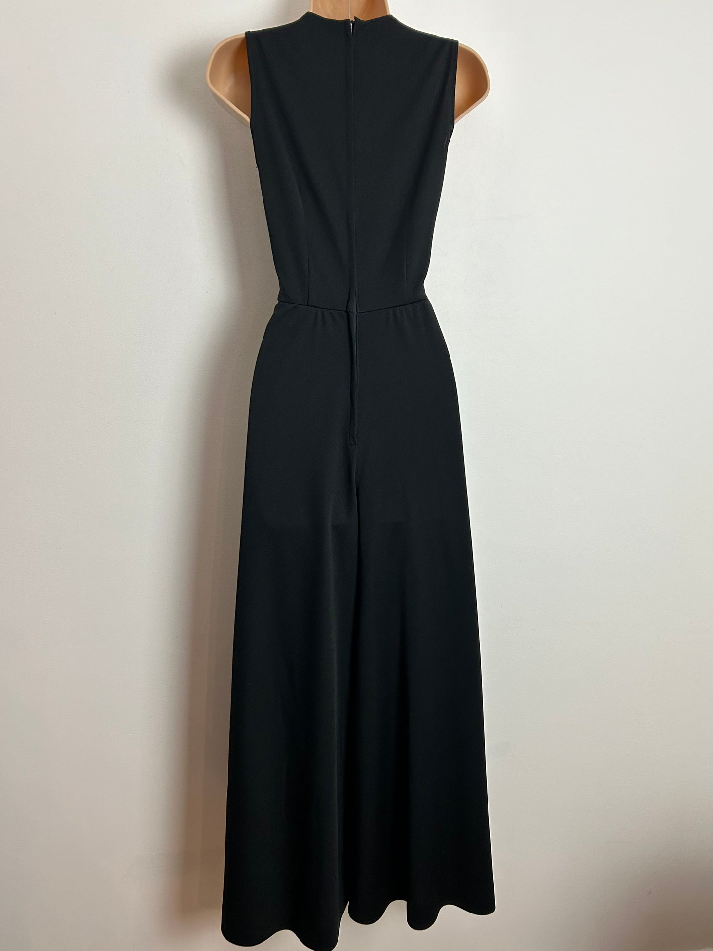 Vintage 1970s UK Size 6-8 Black Sleeveless Wide Leg Palazzo Jumpsuit