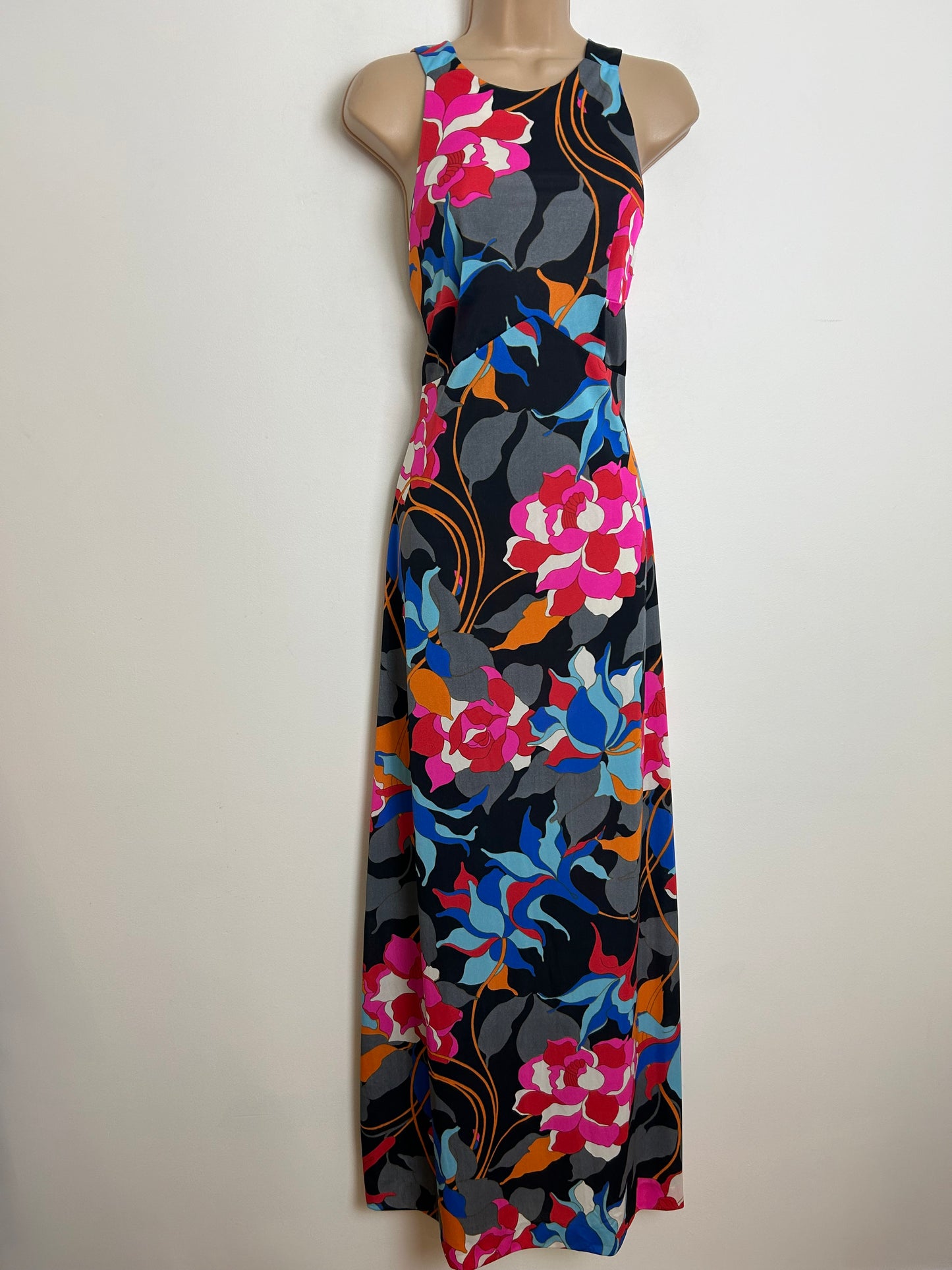 Vintage 1970s JOBI Size 10 Black Pink Blue & Orange Floral Print Maxi Dress