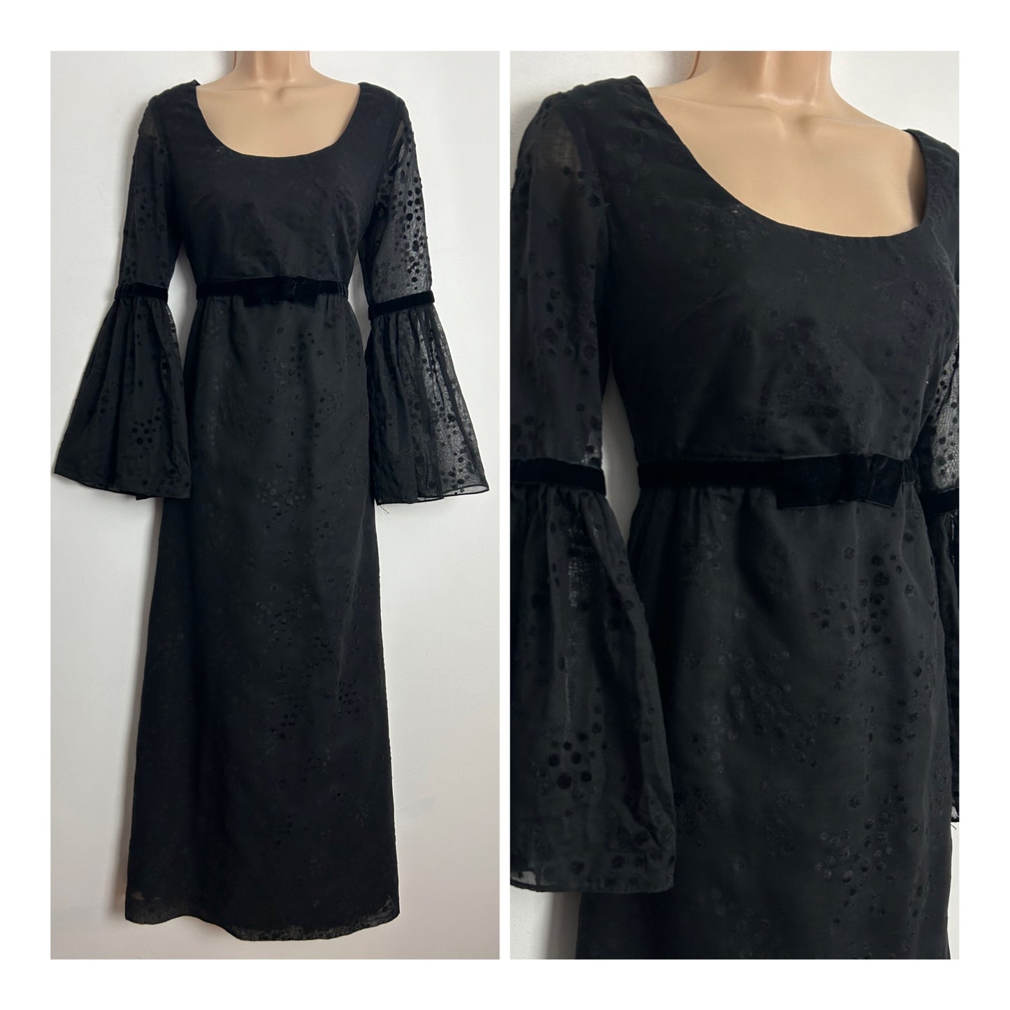 Vintage 1970s BERKERTEX UK Size 8 Black Cotton & Velvet Flock Flared Cuff Boho Maxi Dress