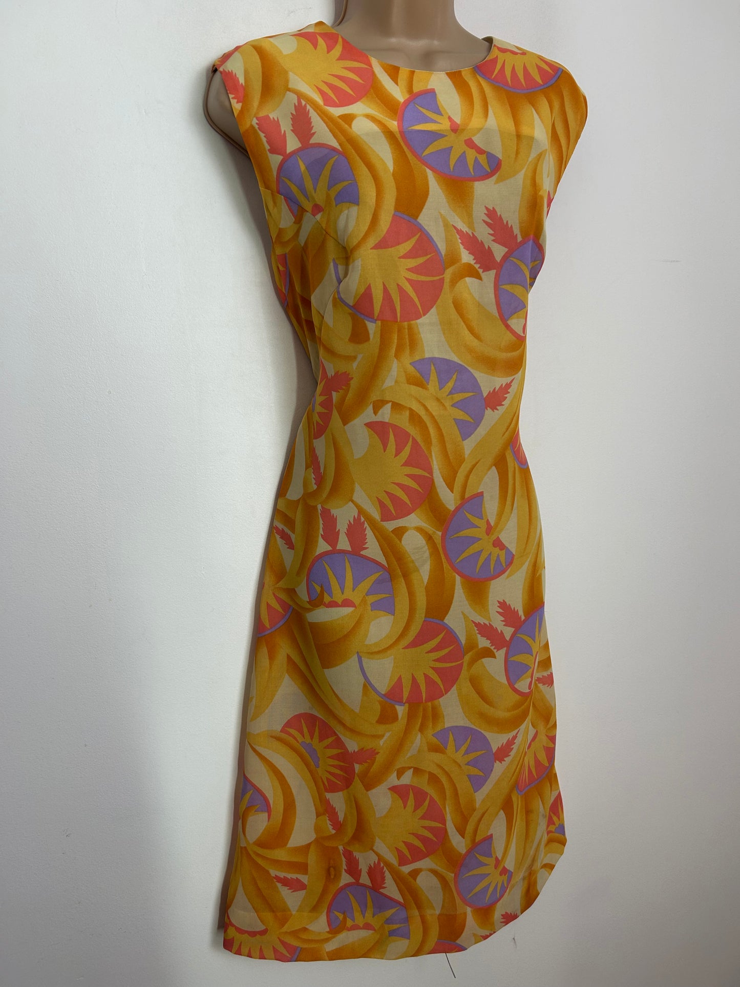 Vintage 1960s ERIKO Size 12 Dark Yellow Pink & Violet Abstract Print Mod Summer Lightweight Shift Dress