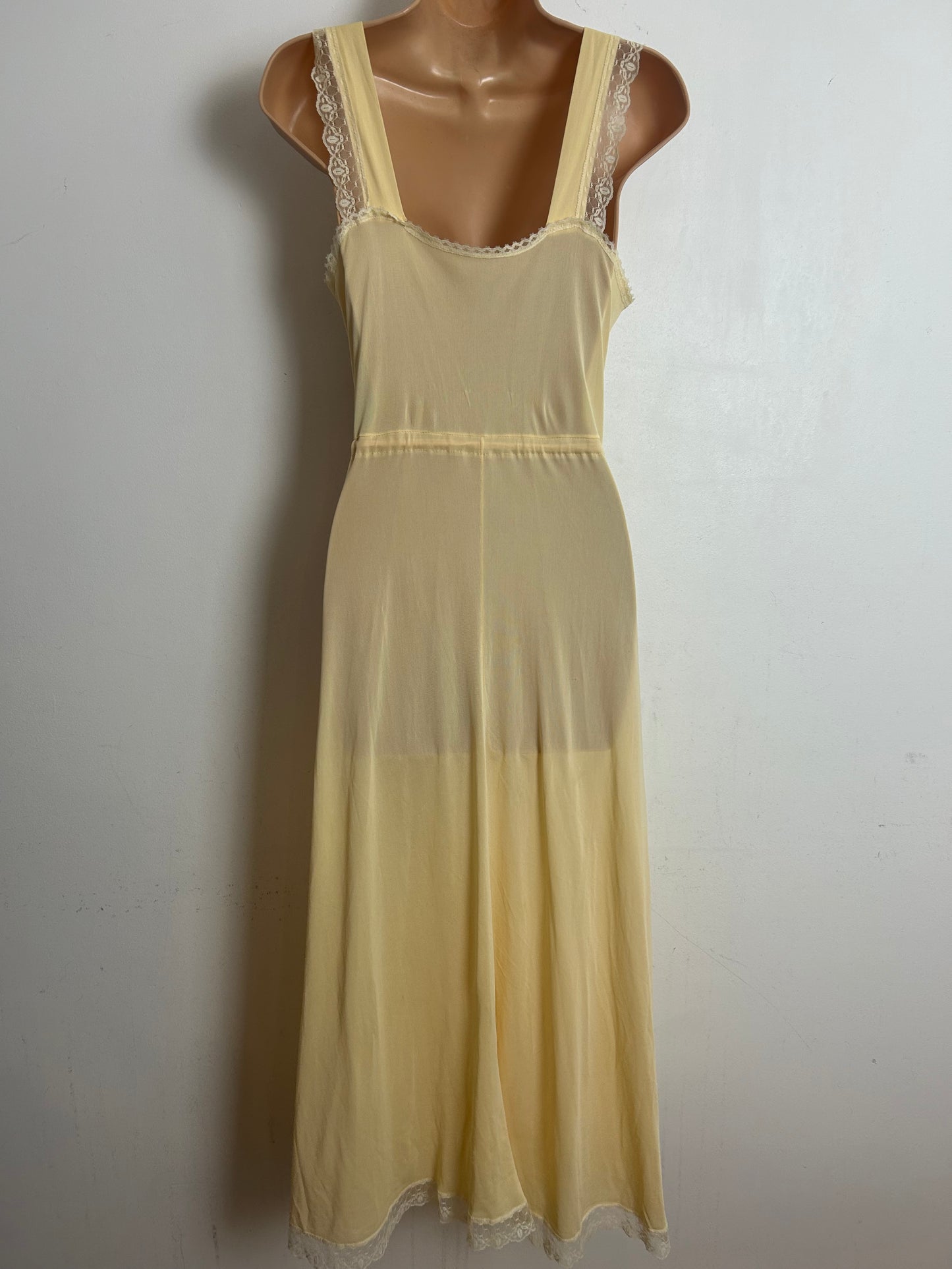 Vintage 1960s Size 12 Butterscotch Yellow Lace Trim Draw Tie Nightie Nylon Nightdress