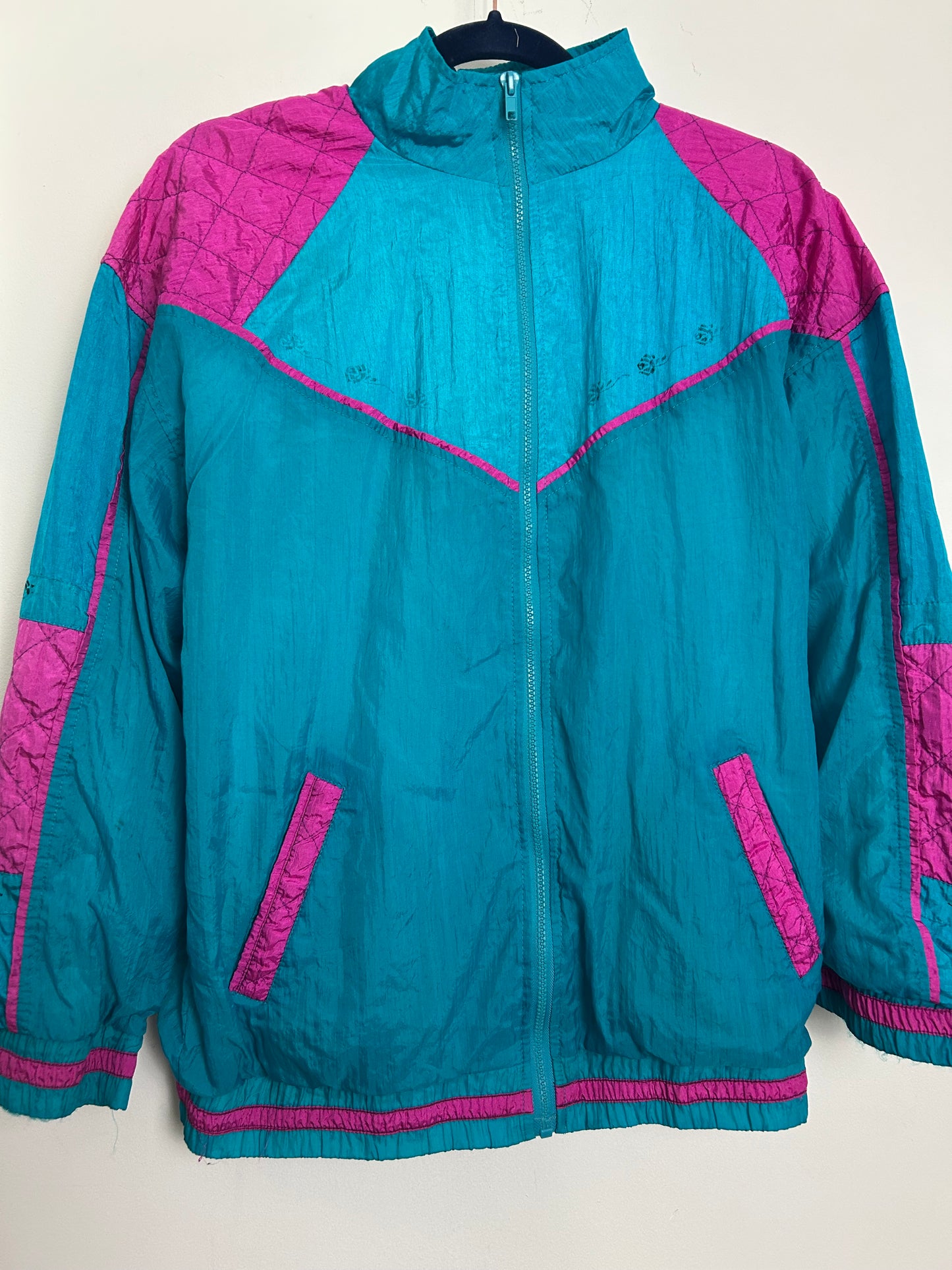 Vintage 1980s FASTLANE Size L (Up to 14) Teal Turquoise & Pink Shell Suit Jacket