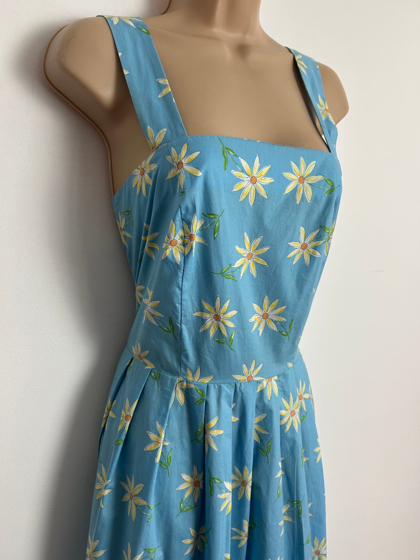 Vintage 1980s LAURA ASHLEY Size 14 Pretty Blue & Yellow Floral Cross Strap Summer Maxi Dress